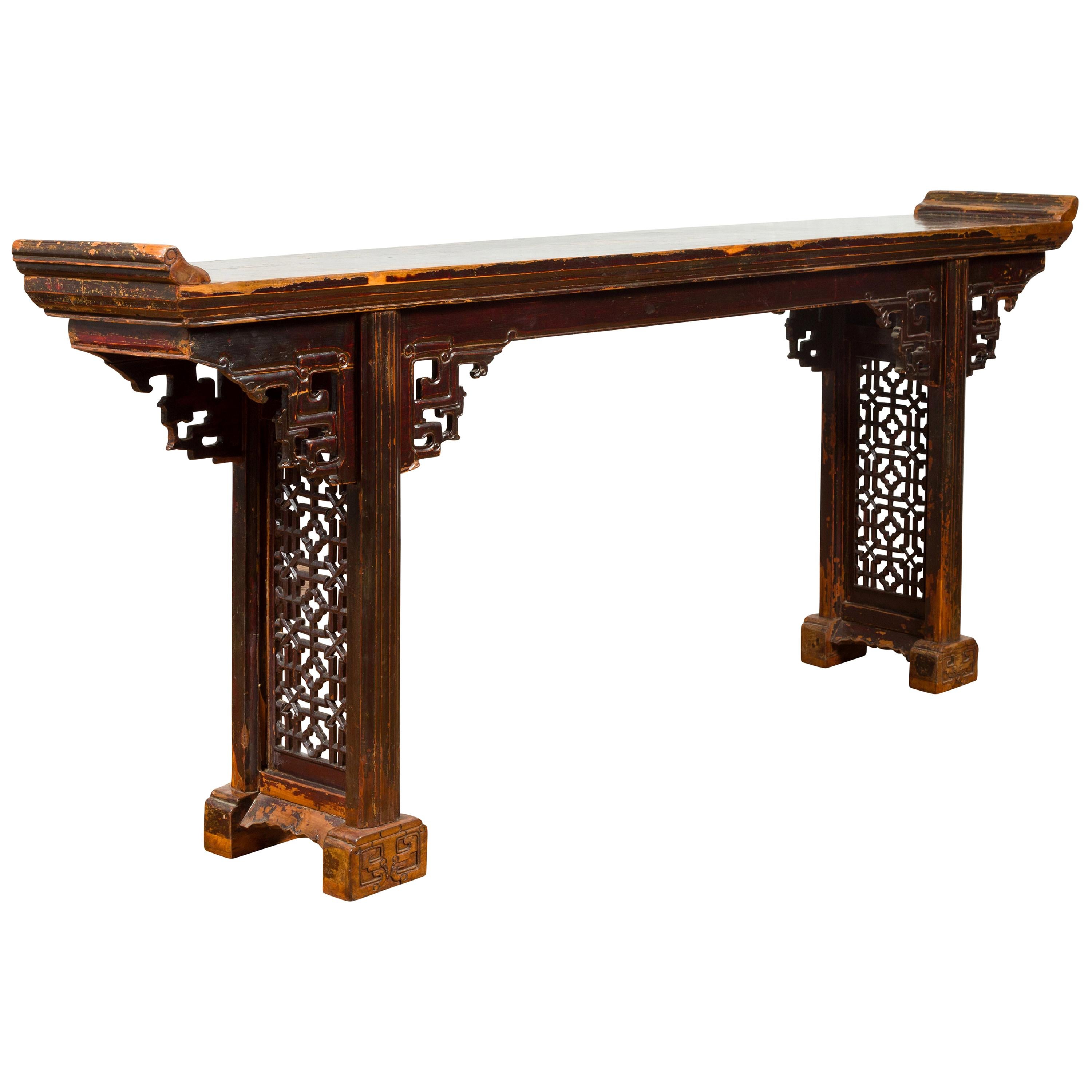 Antique Chinese Qing Altar Table with Hand Carved Spandrels and Dark Patina