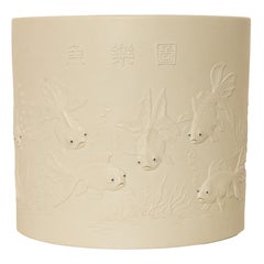 Antique Chinese Qing Biscuit Porcelain Scholar's Brush Pot Bitong Gold Fish 1850