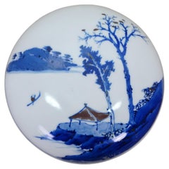 Antique Chinese Qing Blue & White Round Porcelain Ink Seal Paste Box 5"
