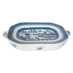 Antique Chinese Qing Canton Blue & White Export Porcelain Warming Dish 1800