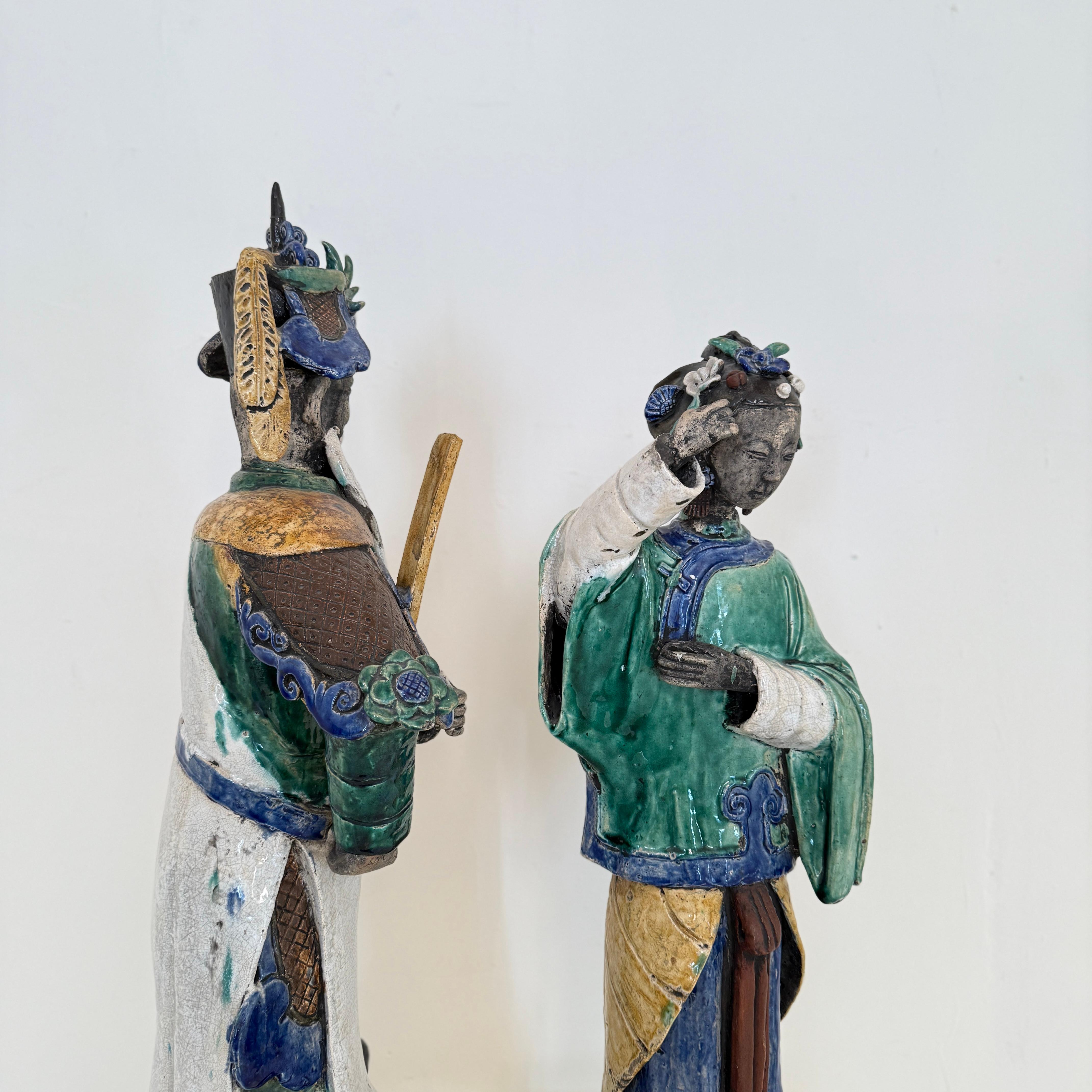 Antique Chinese Qing Ceramic Sculptures  Pair of 19th Century Figures, 1880 For Sale 7