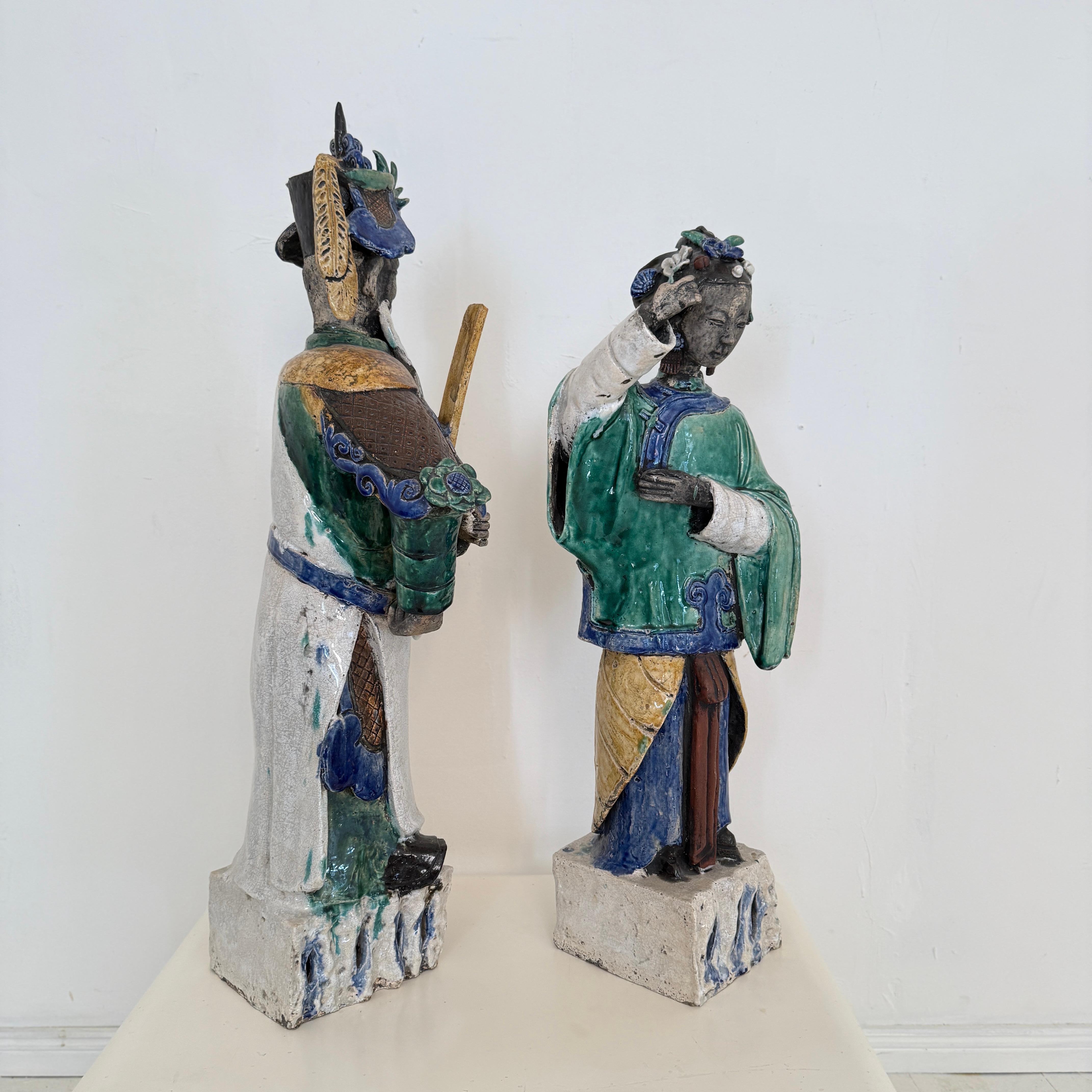 Antique Chinese Qing Ceramic Sculptures  Pair of 19th Century Figures, 1880 For Sale 8