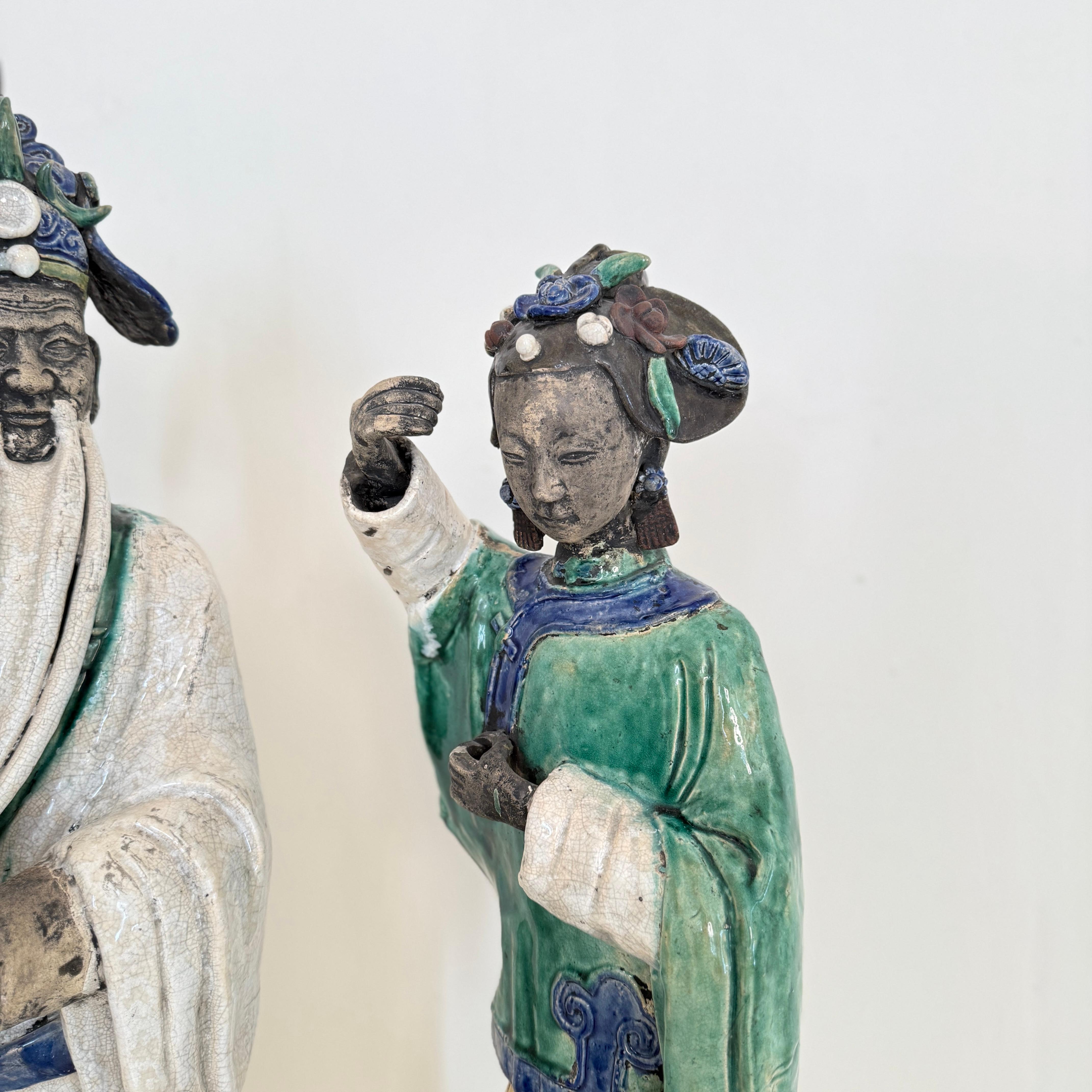 Early 20th Century Antique Chinese Qing Ceramic Sculptures  Pair of 19th Century Figures, 1880 For Sale