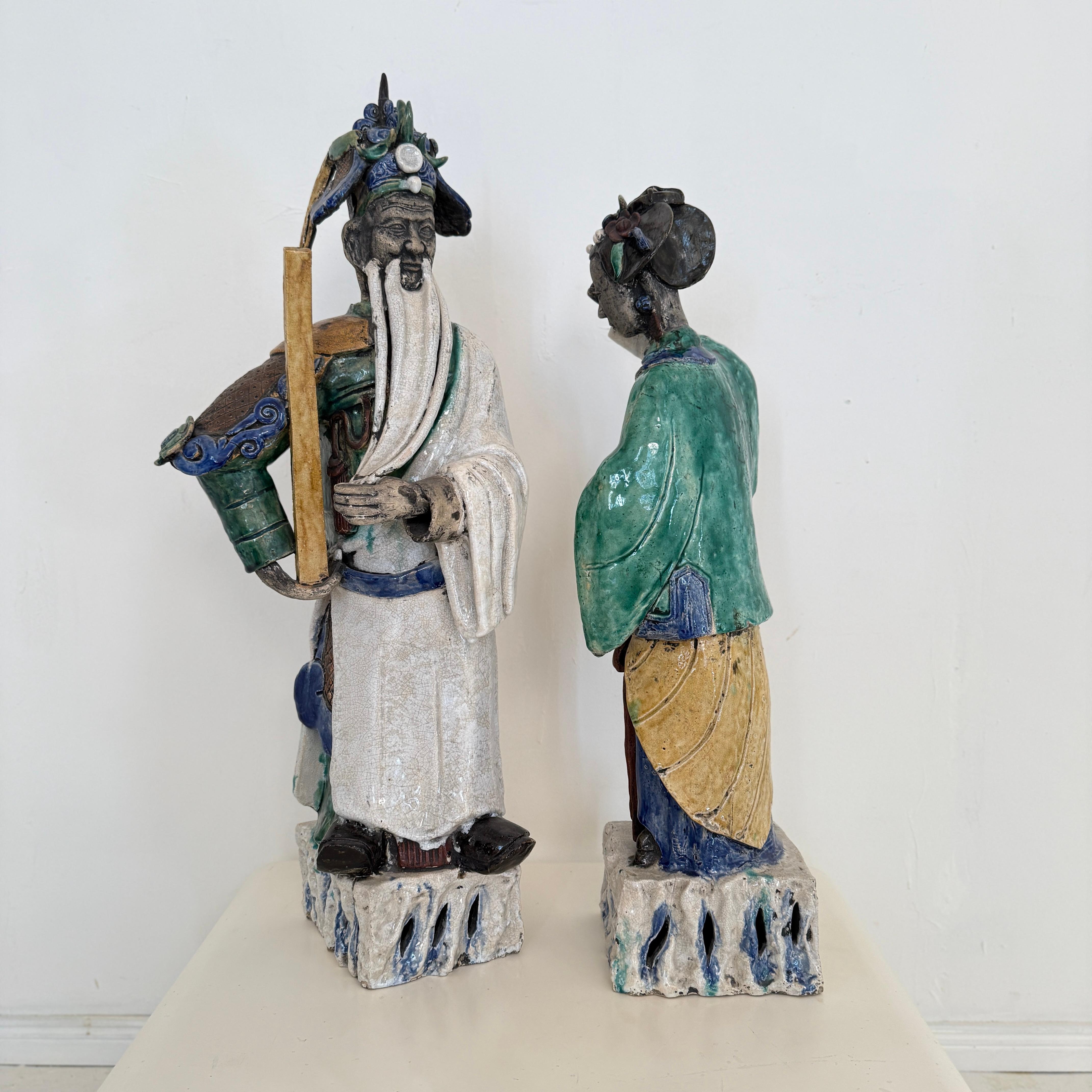 Antique Chinese Qing Ceramic Sculptures  Pair of 19th Century Figures, 1880 For Sale 1