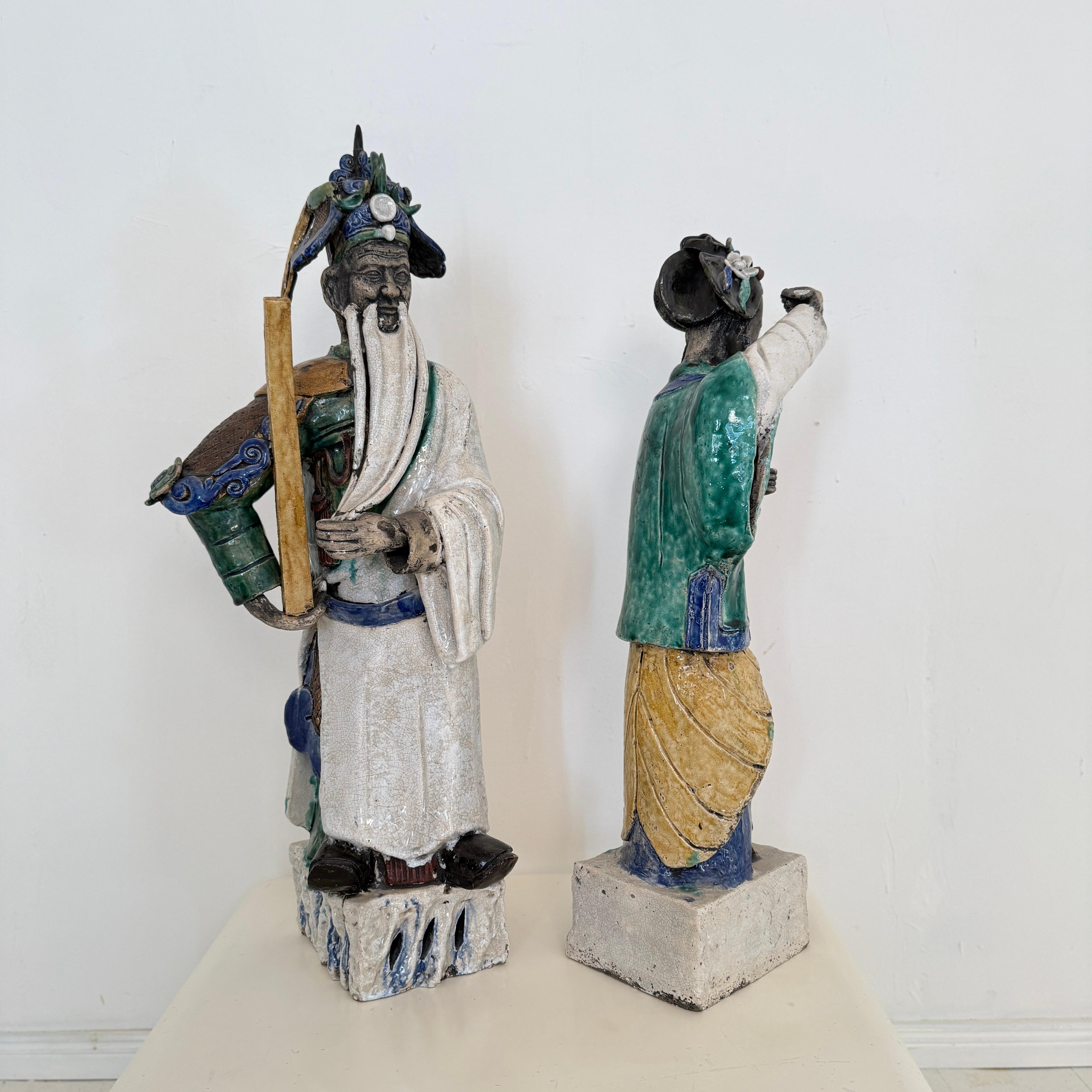 Antique Chinese Qing Ceramic Sculptures  Pair of 19th Century Figures, 1880 For Sale 4