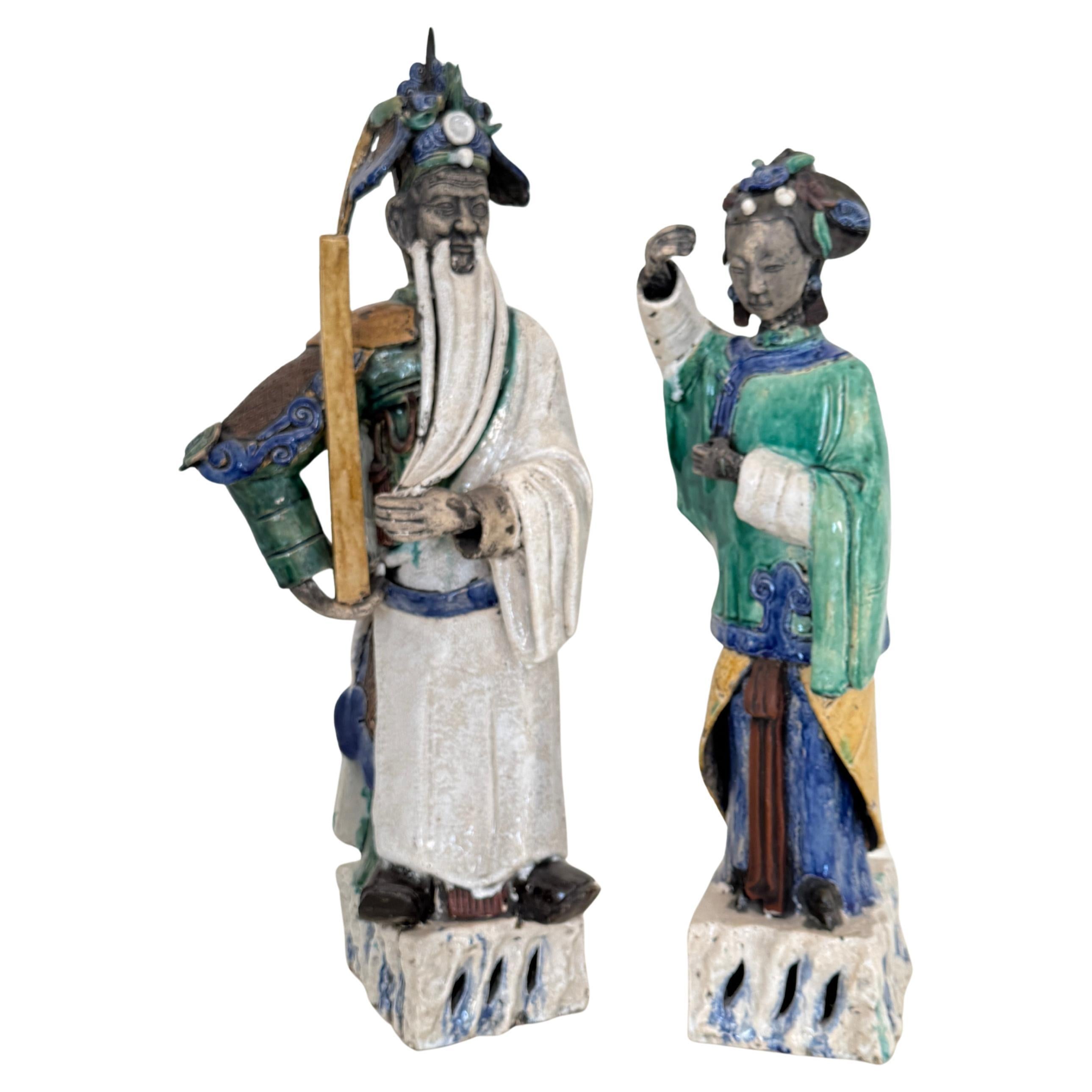 Antique Chinese Qing Ceramic Sculptures  Pair of 19th Century Figures, 1880 For Sale