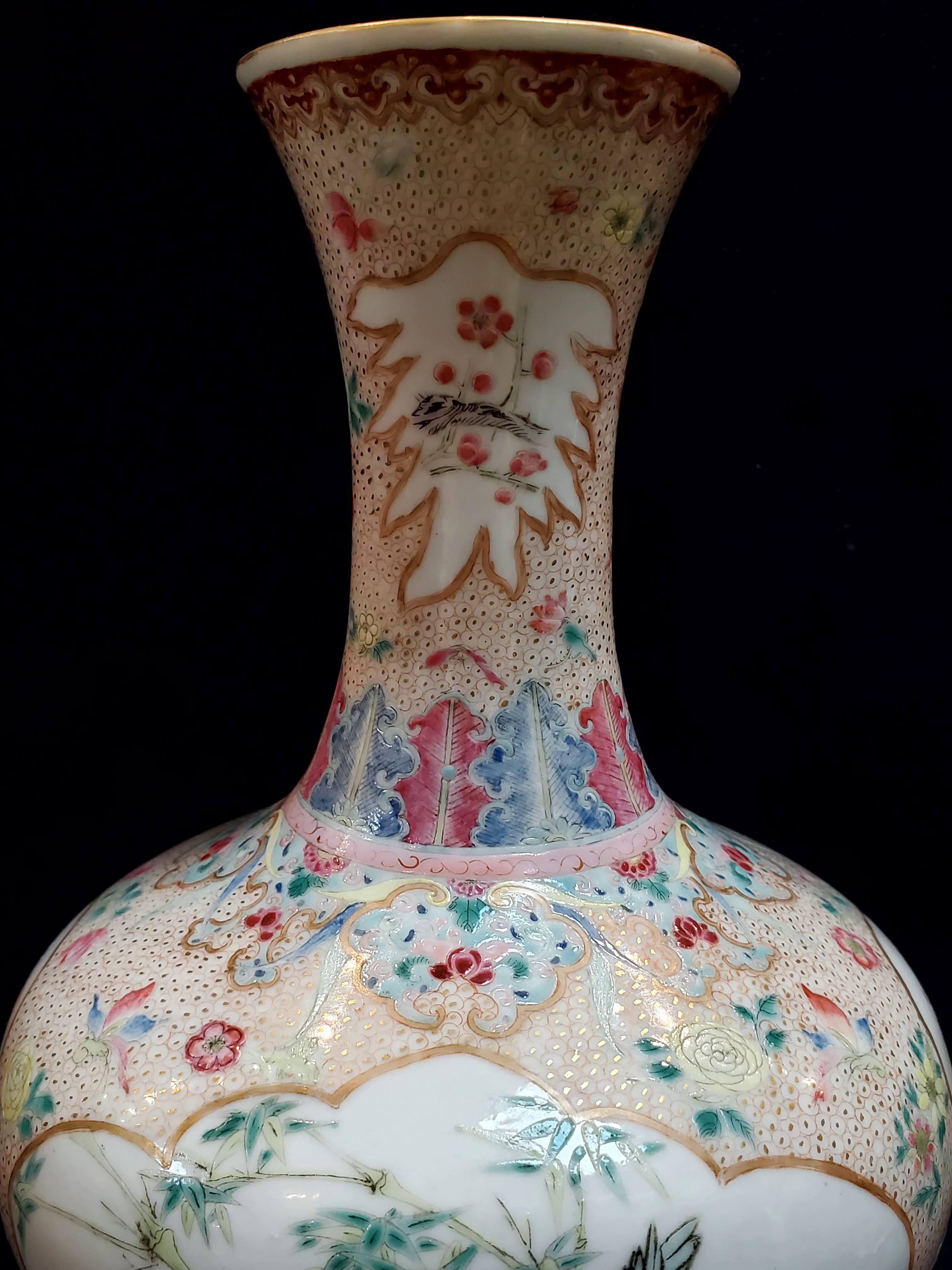19th Century Antique Chinese Qing Delicate Famille Rose Floral Ornament Porcelain Vase For Sale
