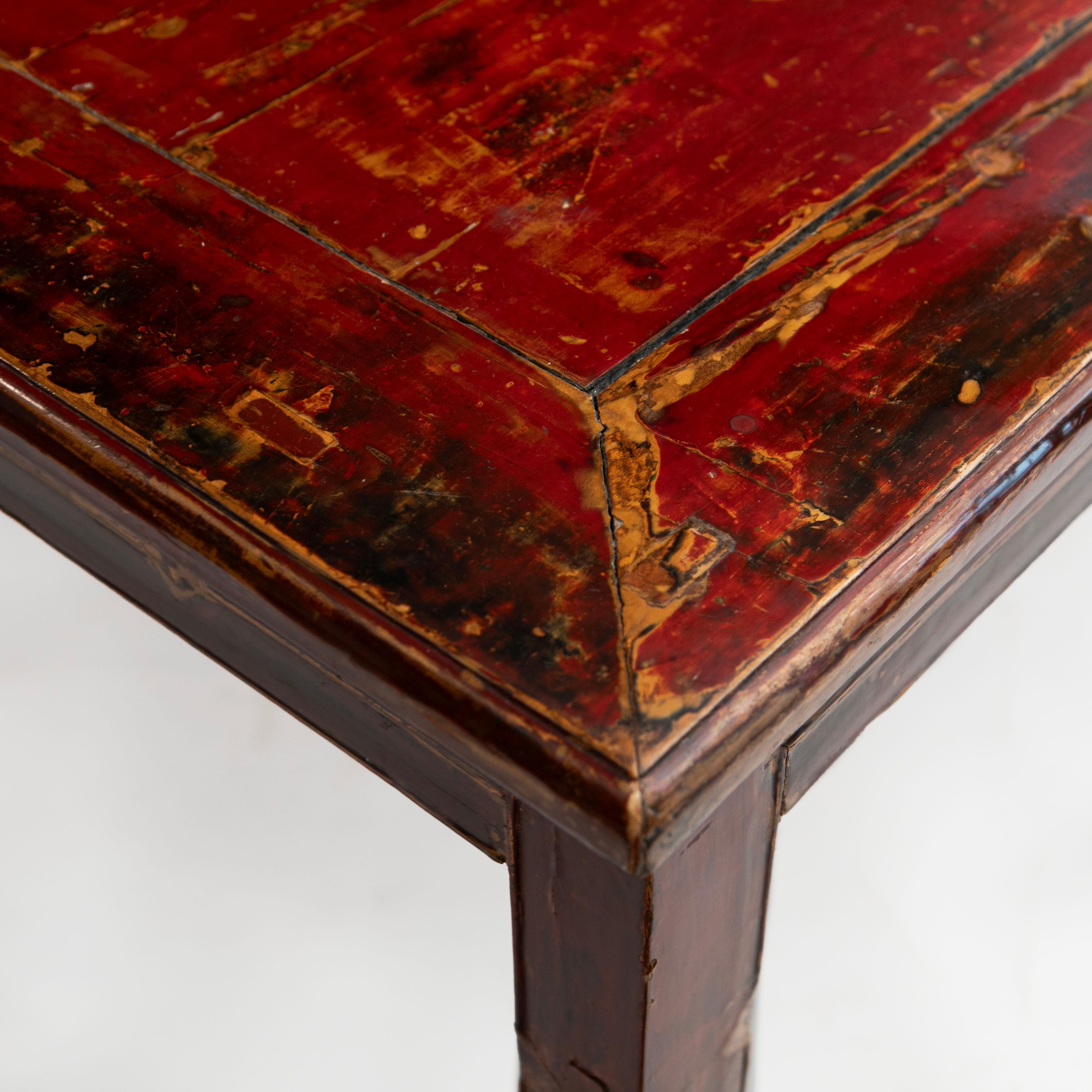Lacquered Antique Chinese Qing Dinning Table with Original Burgundy Lacquer For Sale
