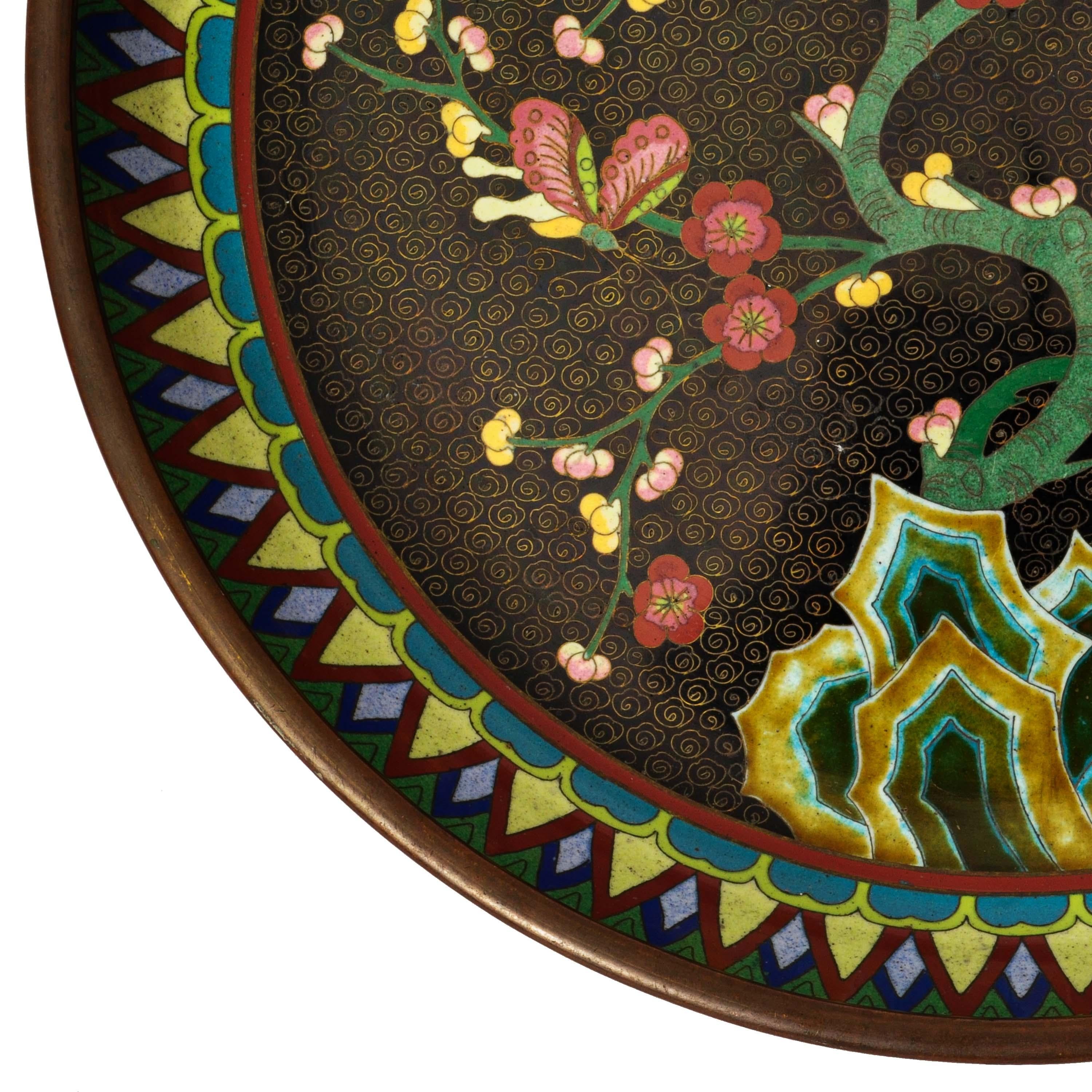 Antiguo Cuenco Chino de la Dinastía Qing 1644-1911 Esmaltado sobre Cobre Plato de Cloisonné en venta 6