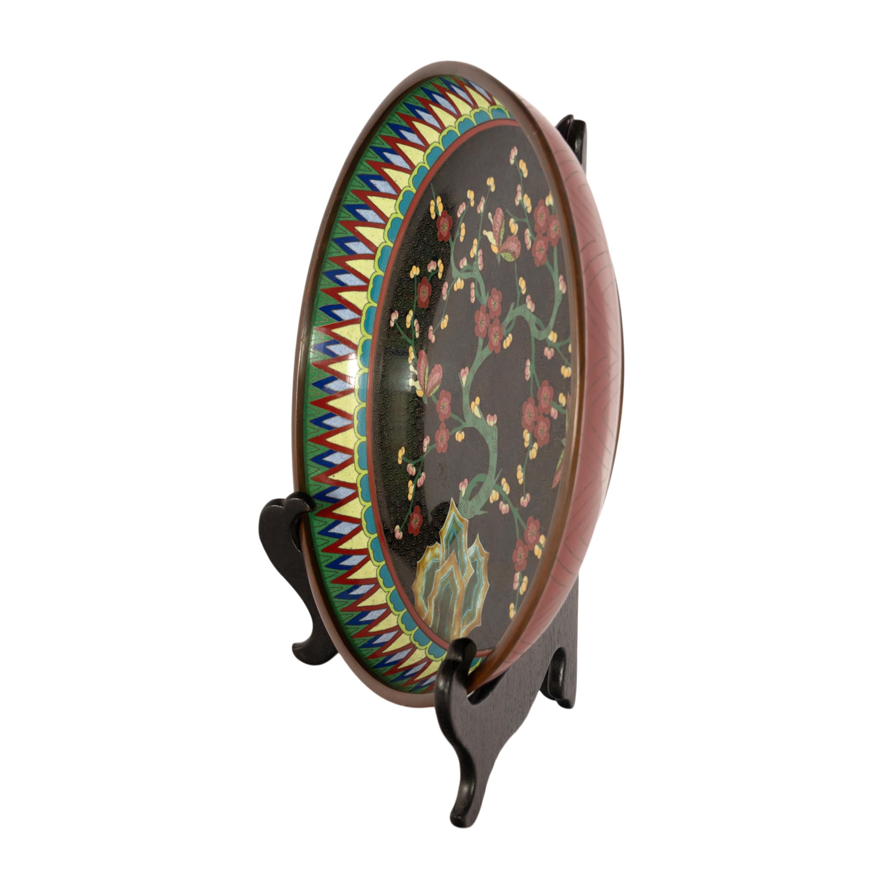Antiguo Cuenco Chino de la Dinastía Qing 1644-1911 Esmaltado sobre Cobre Plato de Cloisonné Fines del siglo XIX en venta