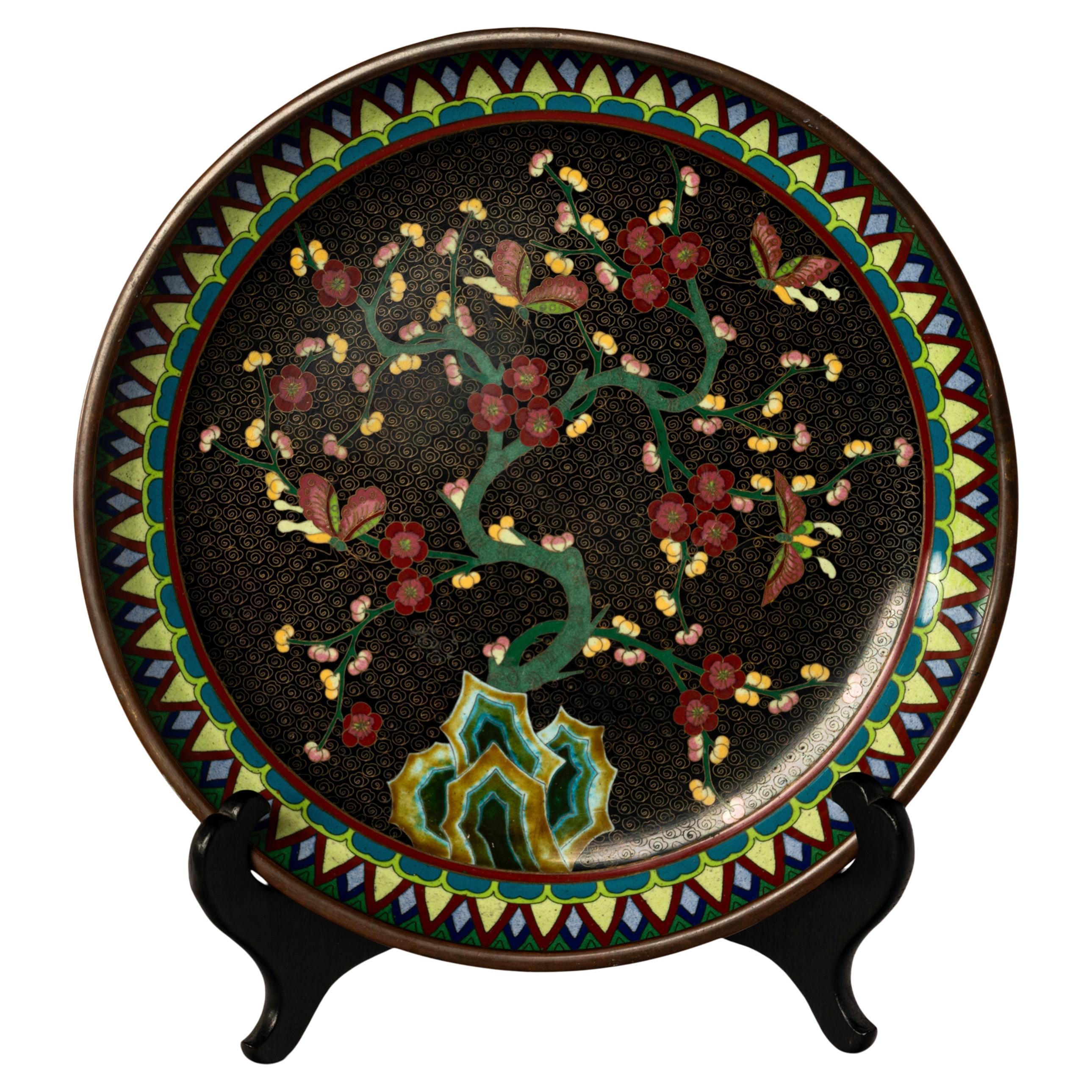 Antiguo Cuenco Chino de la Dinastía Qing 1644-1911 Esmaltado sobre Cobre Plato de Cloisonné en venta