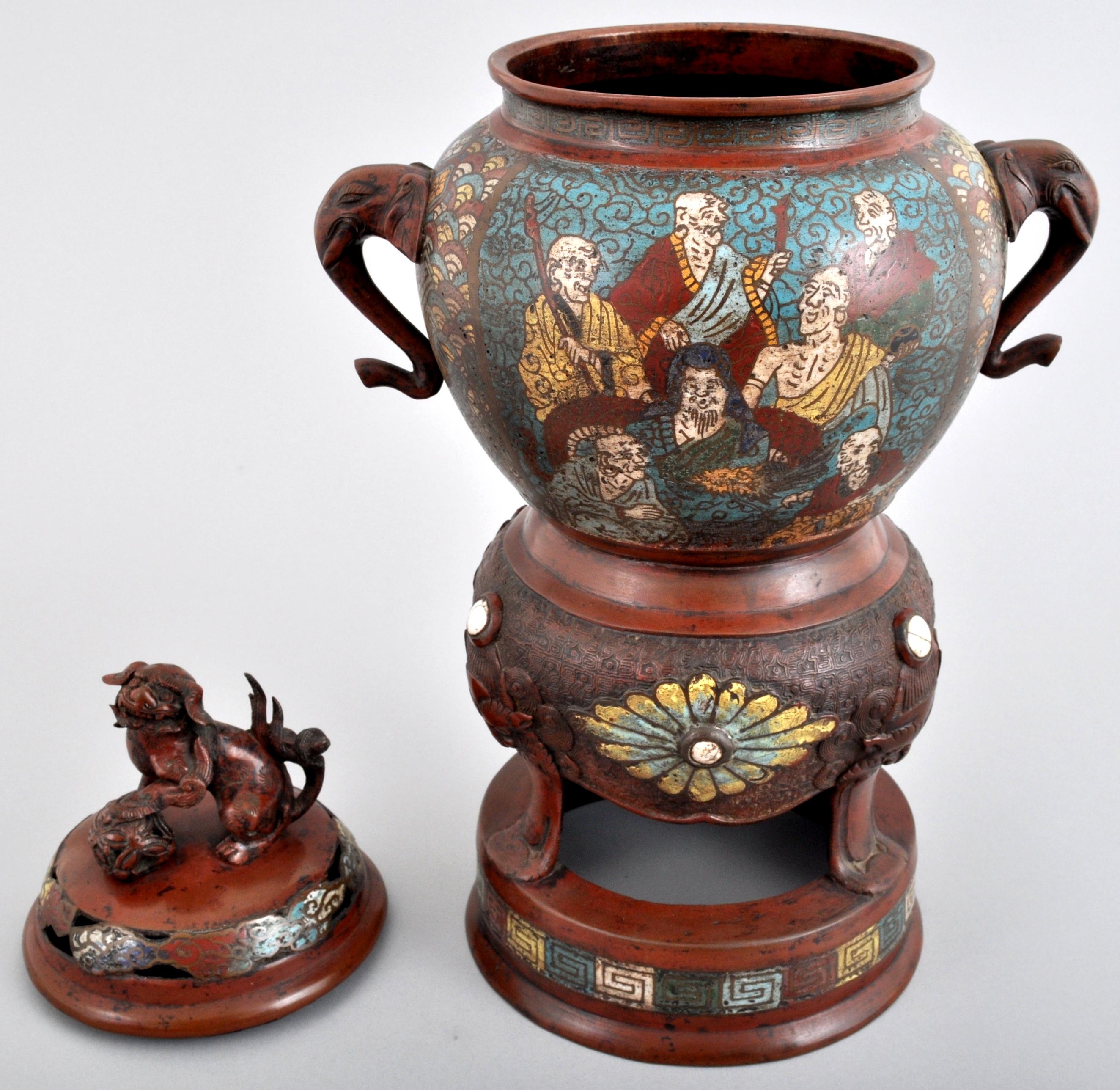 Antique Chinese Qing Dynasty Archaic Style Bronze Enamel Champlevé Censer 1900 For Sale 6