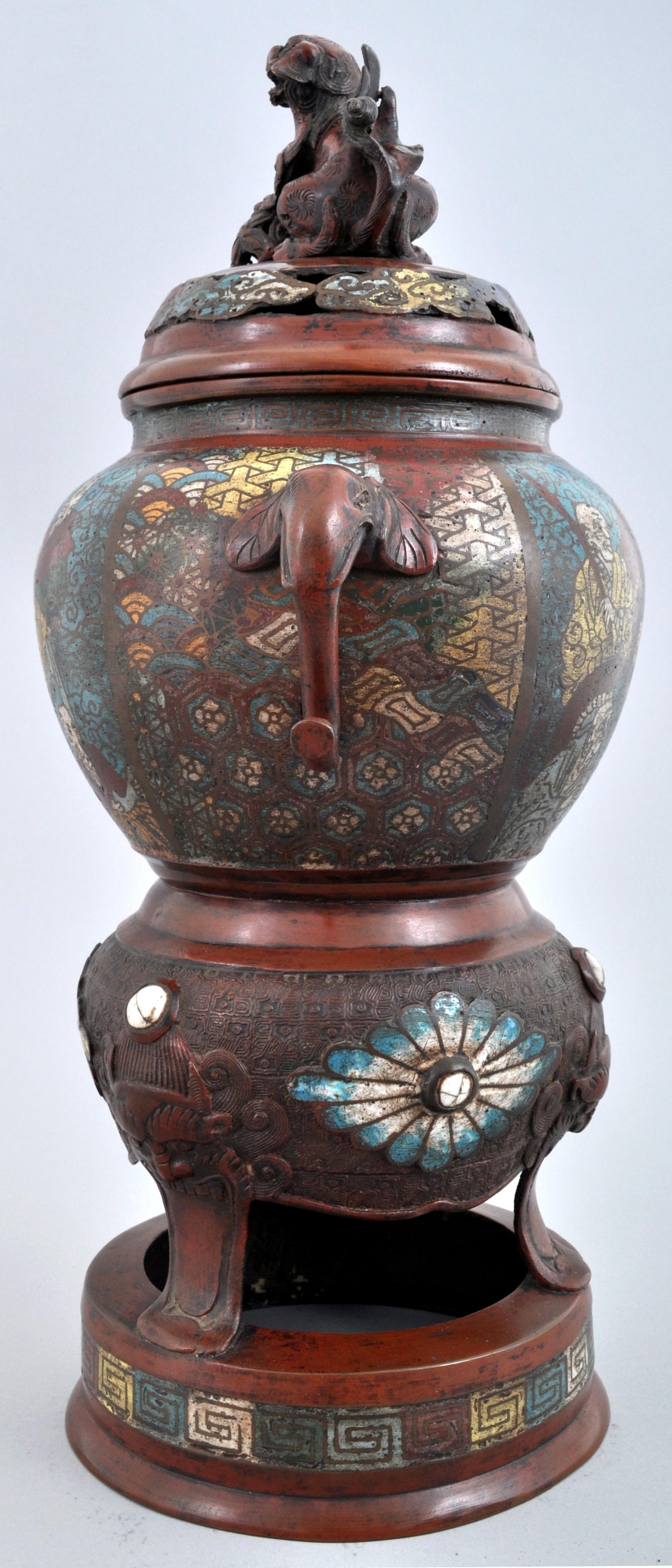 Antique Chinese Qing Dynasty Archaic Style Bronze Enamel Champlevé Censer 1900 In Good Condition For Sale In Portland, OR