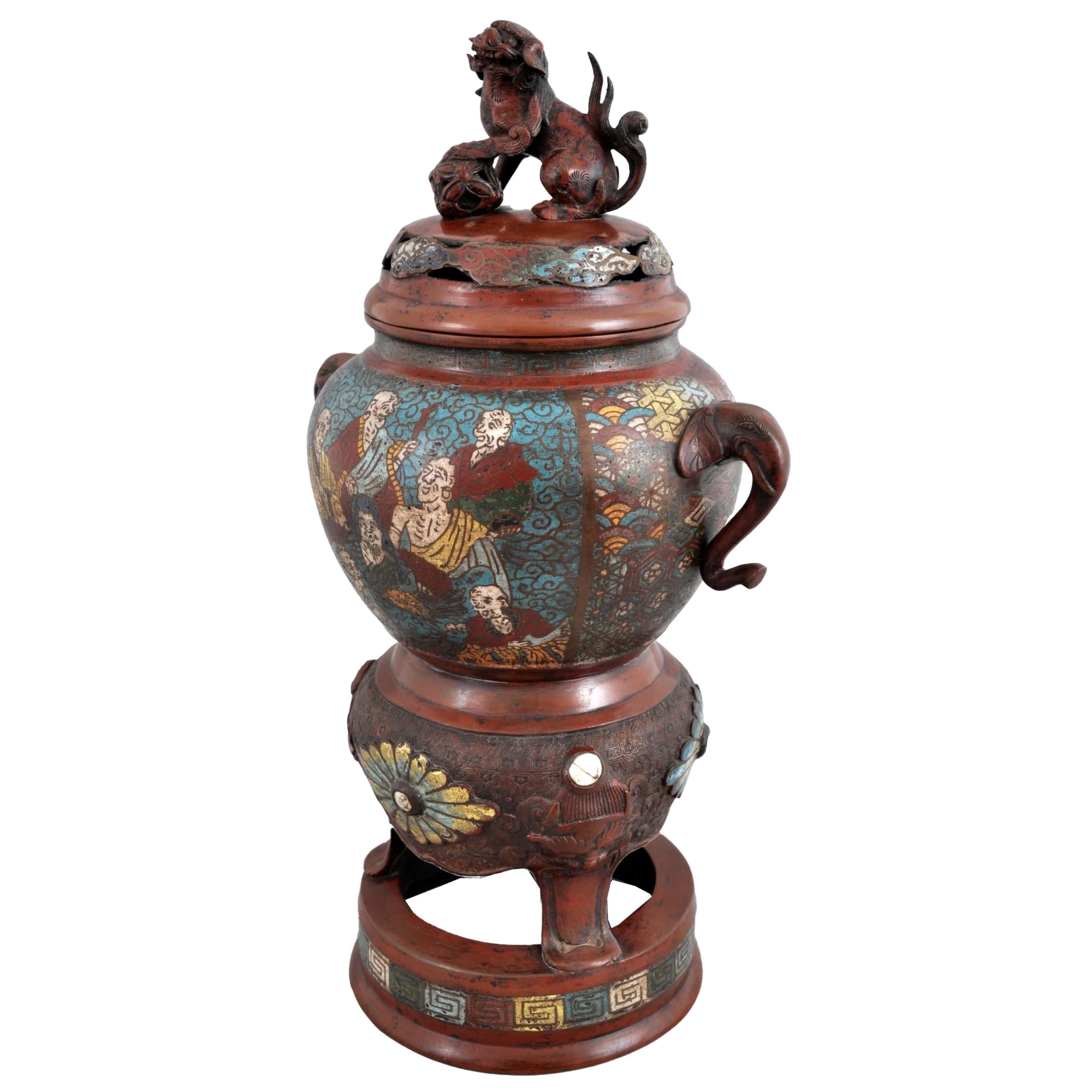 Antique Encensoir Champlevé en bronze émaillé de la dynastie chinoise Qing 1900 Bon état - En vente à Portland, OR