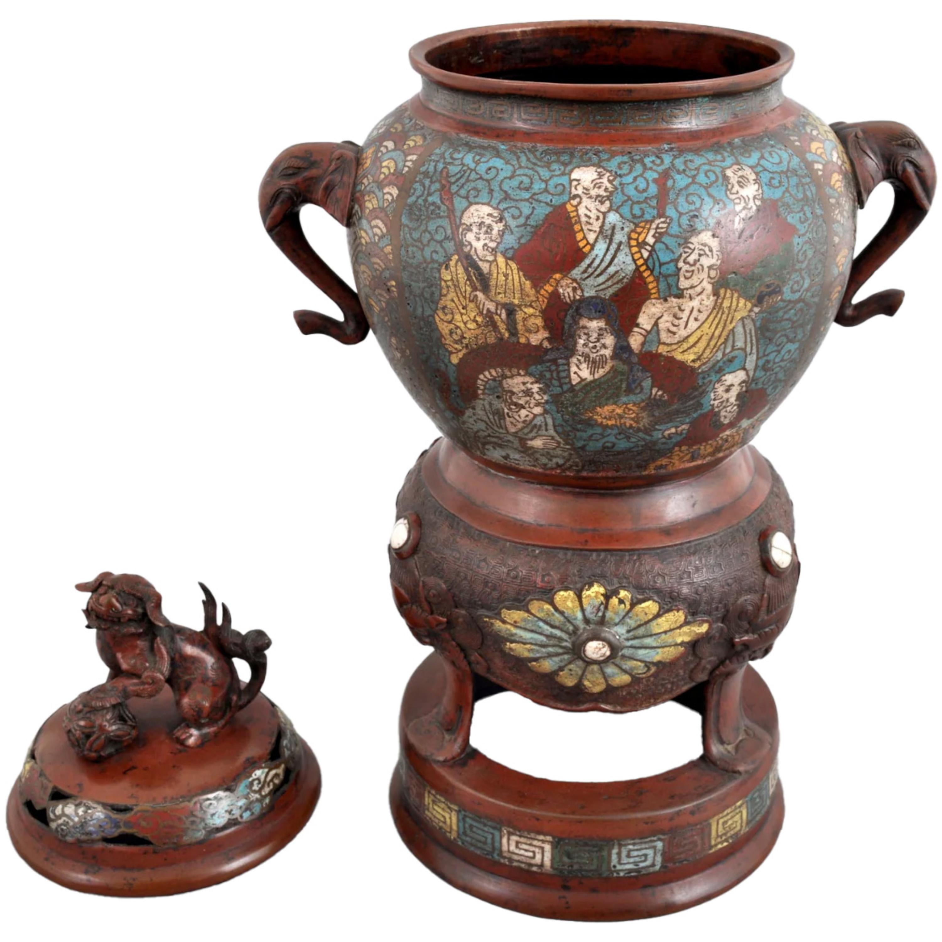 XIXe siècle Antique Encensoir Champlevé en bronze émaillé de la dynastie chinoise Qing 1900 en vente