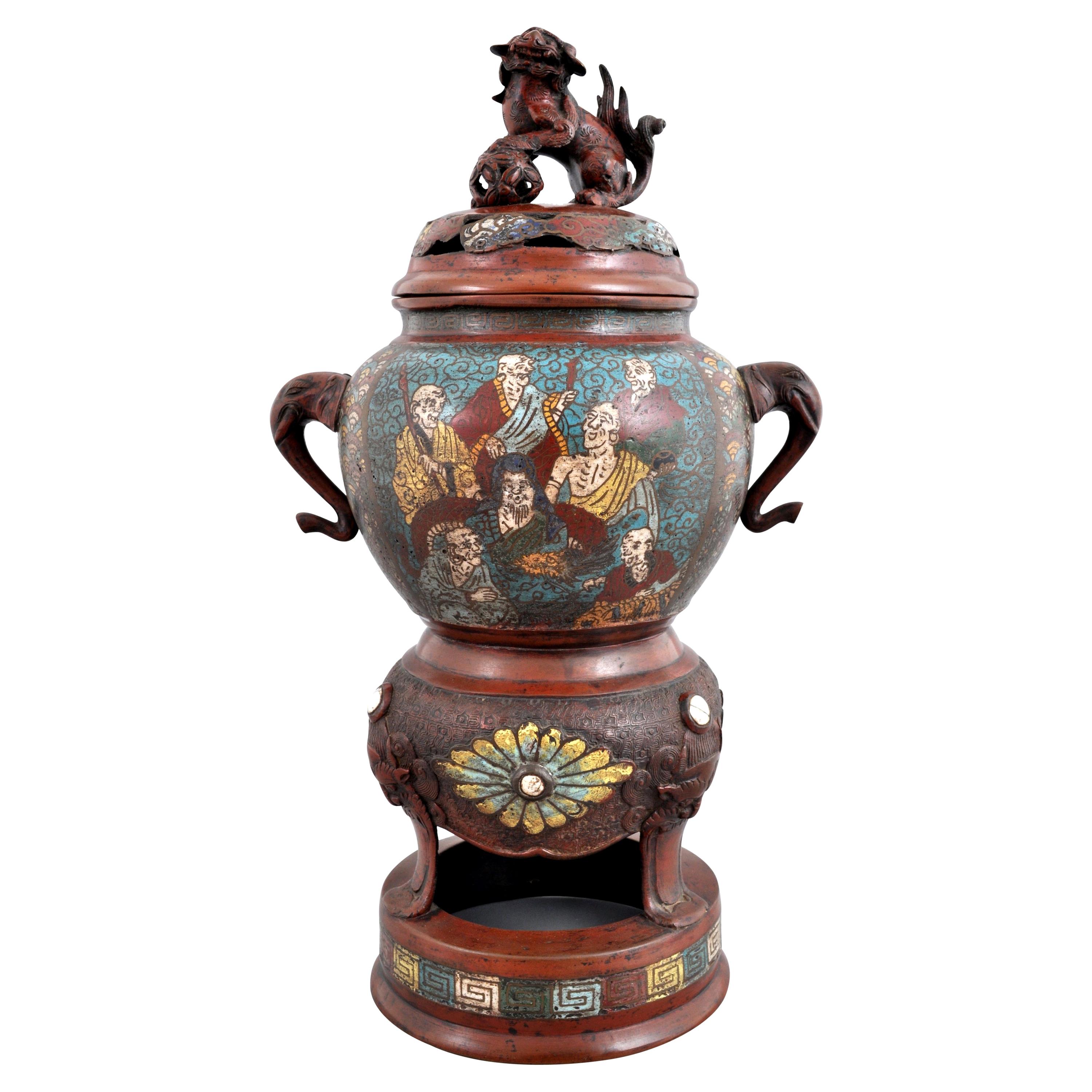 Antique Chinese Qing Dynasty Archaic Style Bronze Enamel Champlevé Censer 1900 For Sale