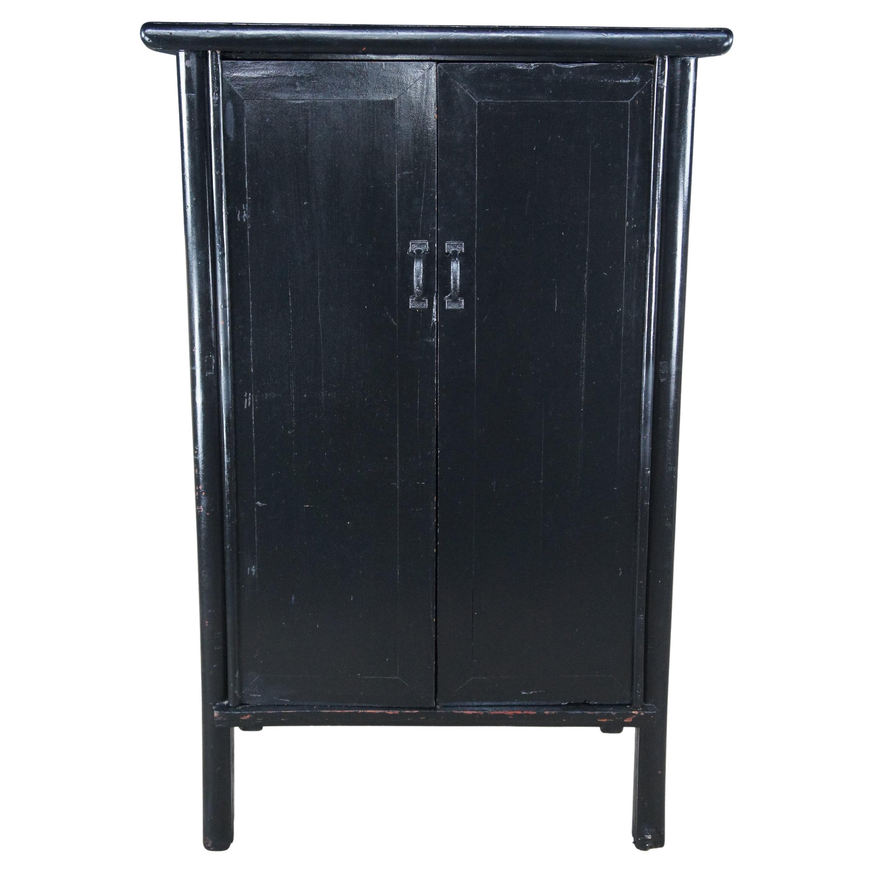 Antique Chinese Qing Dynasty Black Lacquer Elm Armoire Wardrobe Scholars Cabinet For Sale