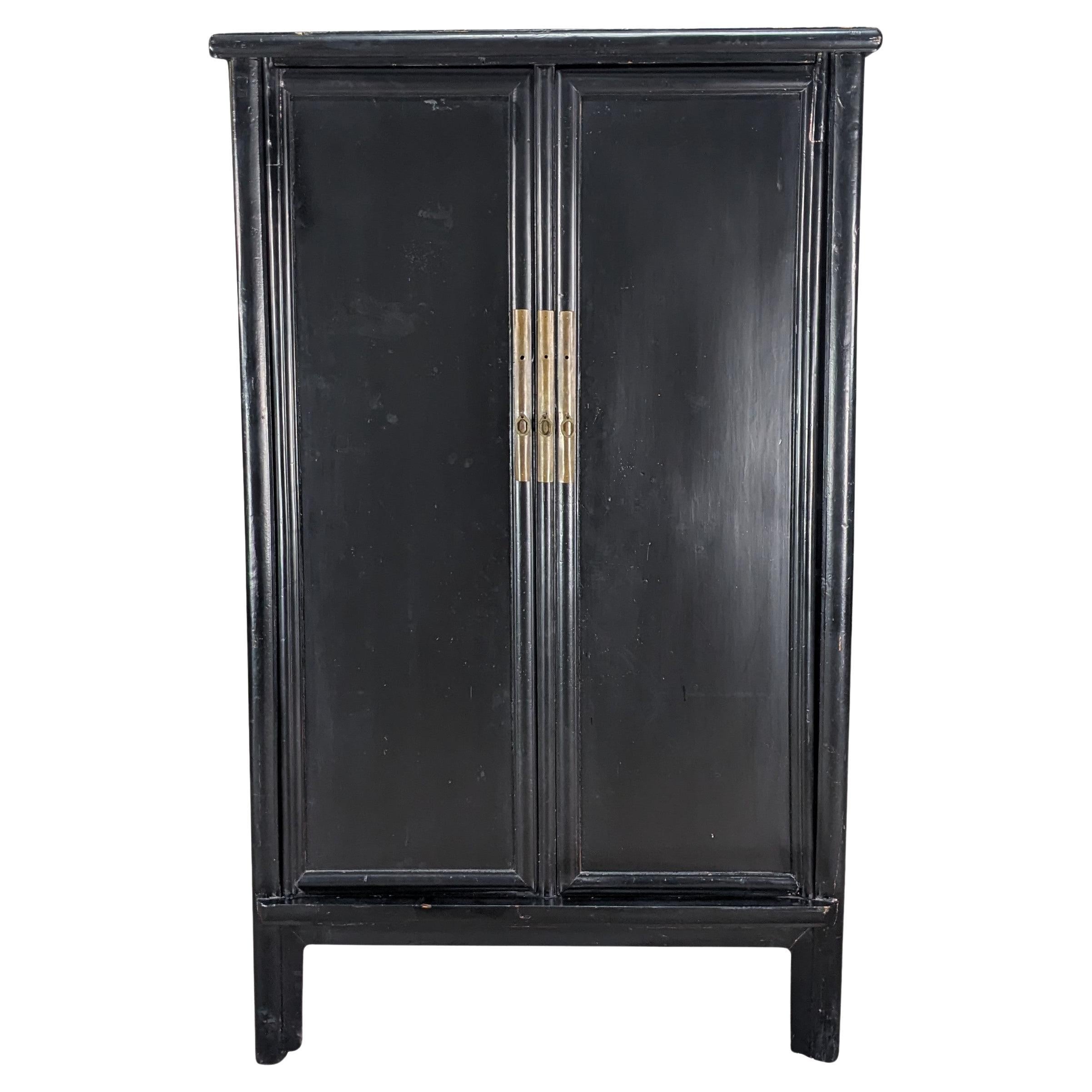 Antique Chinese Qing Dynasty Black Lacquer Elm Wedding Cabinet Armoire
