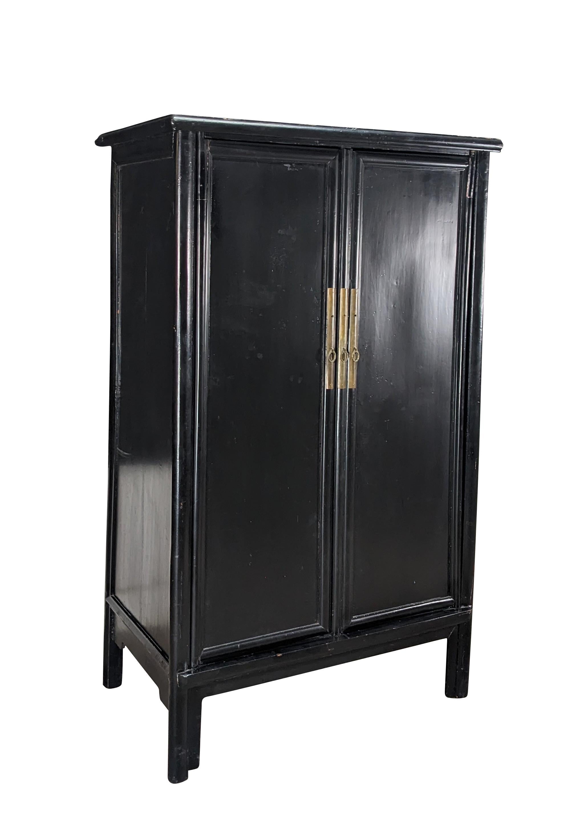 Antique Chinese Qing Dynasty Black Lacquer Elm Wedding Cabinet Armoire