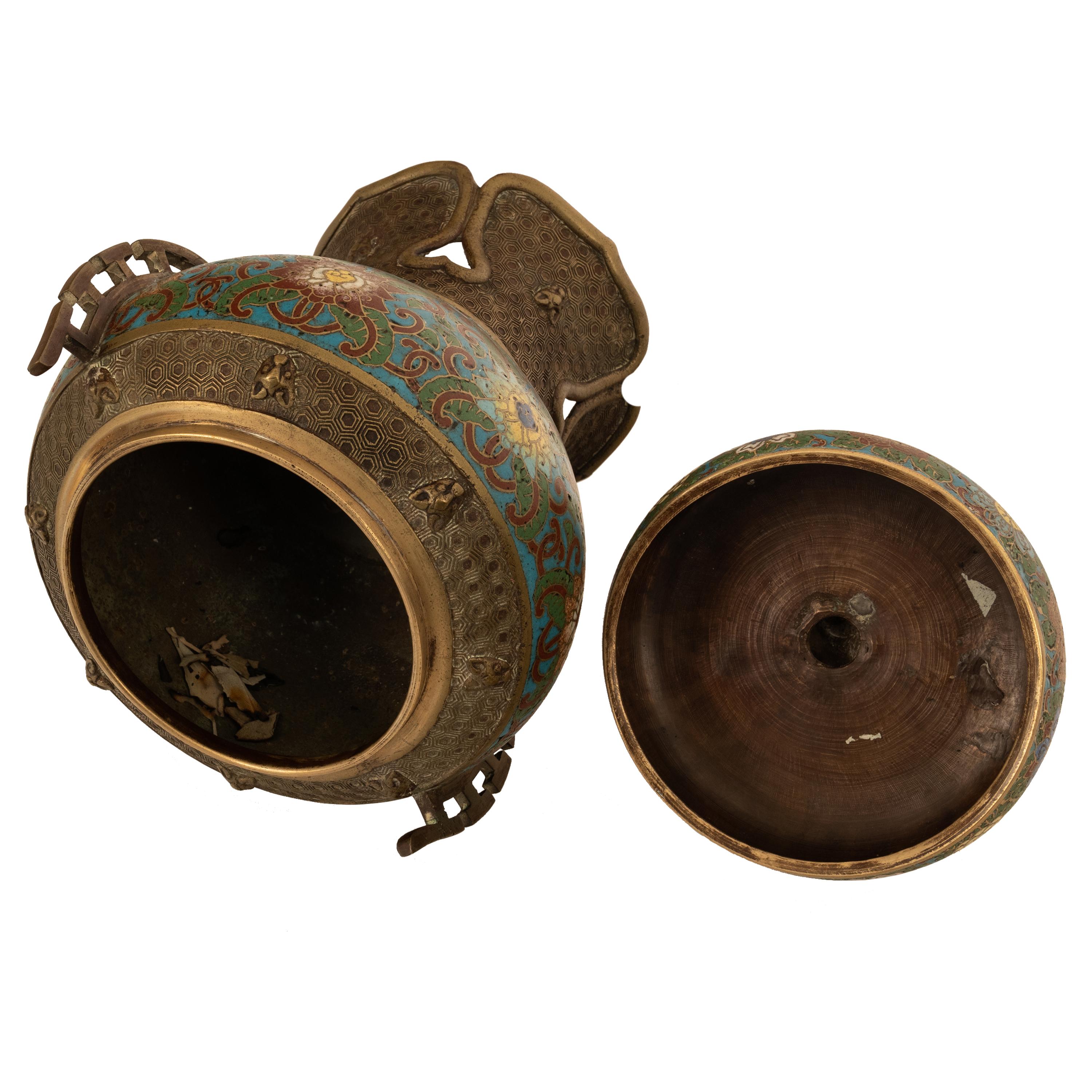 Antique Chinese Qing Dynasty Bronze Cloisonne Enamel Censer Insence Burner 1900 For Sale 5