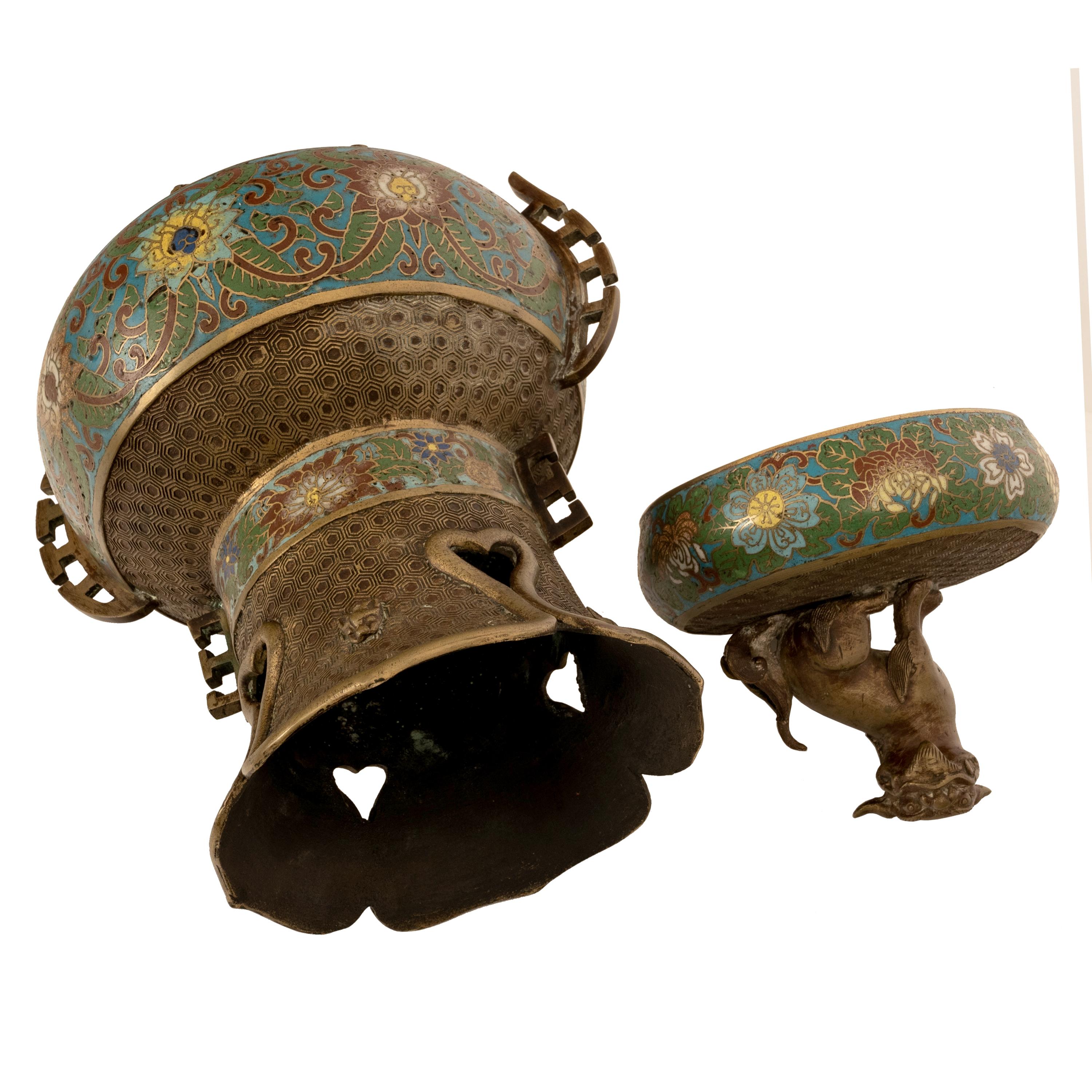 Antique Chinese Qing Dynasty Bronze Cloisonne Enamel Censer Insence Burner 1900 For Sale 6