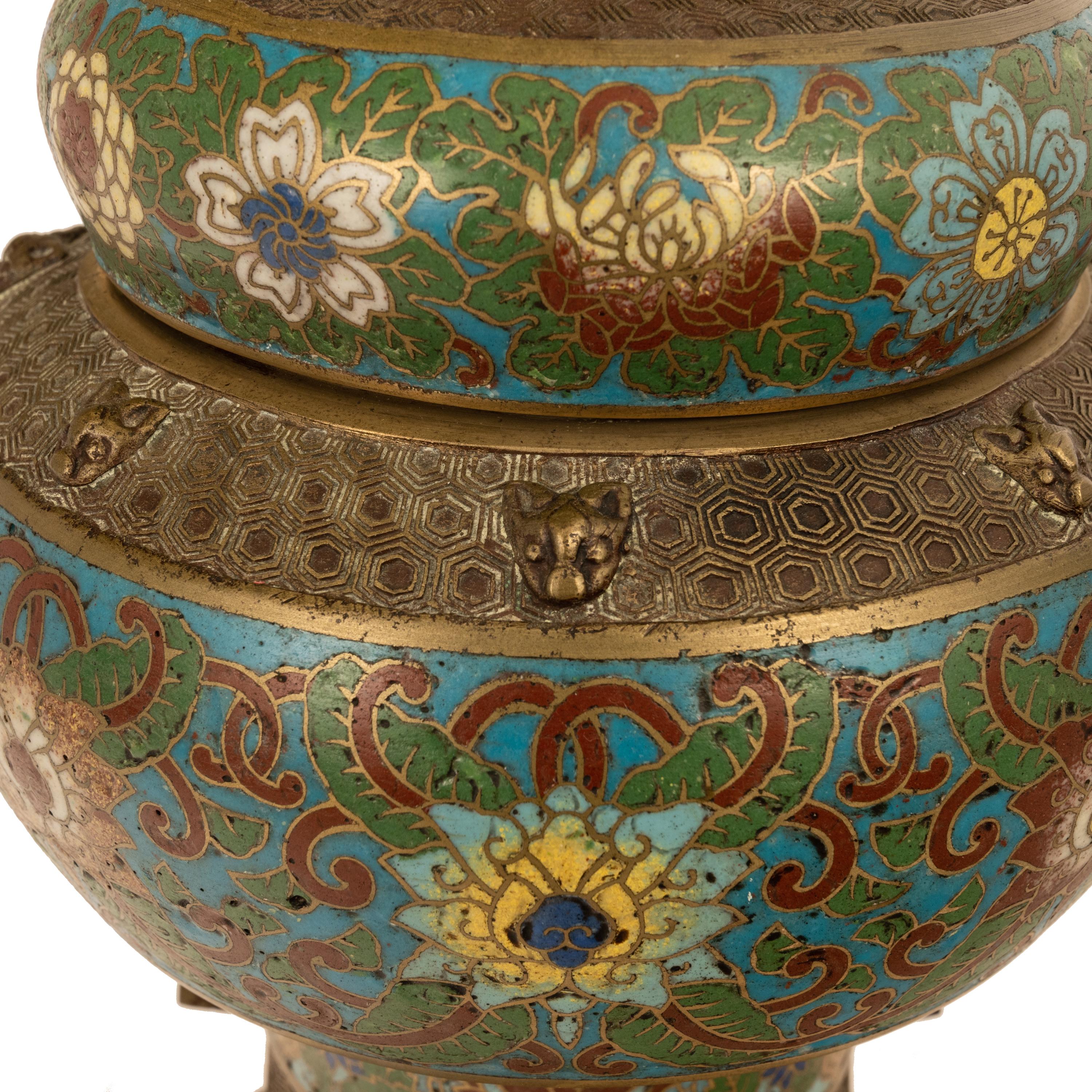 Cast Antique Chinese Qing Dynasty Bronze Cloisonne Enamel Censer Insence Burner 1900 For Sale