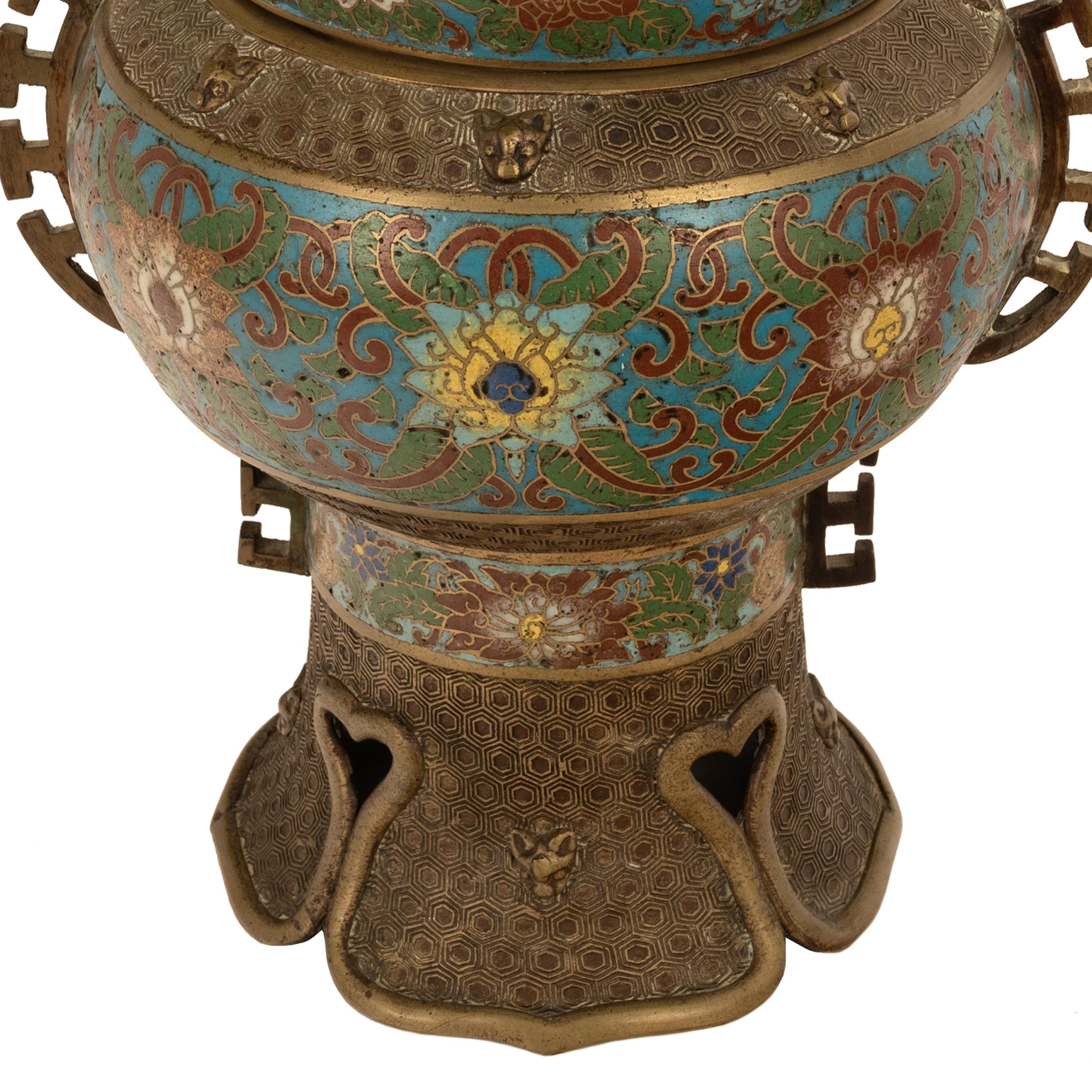 Antique Chinese Qing Dynasty Bronze Cloisonne Enamel Censer Insence Burner 1900 In Good Condition For Sale In Portland, OR