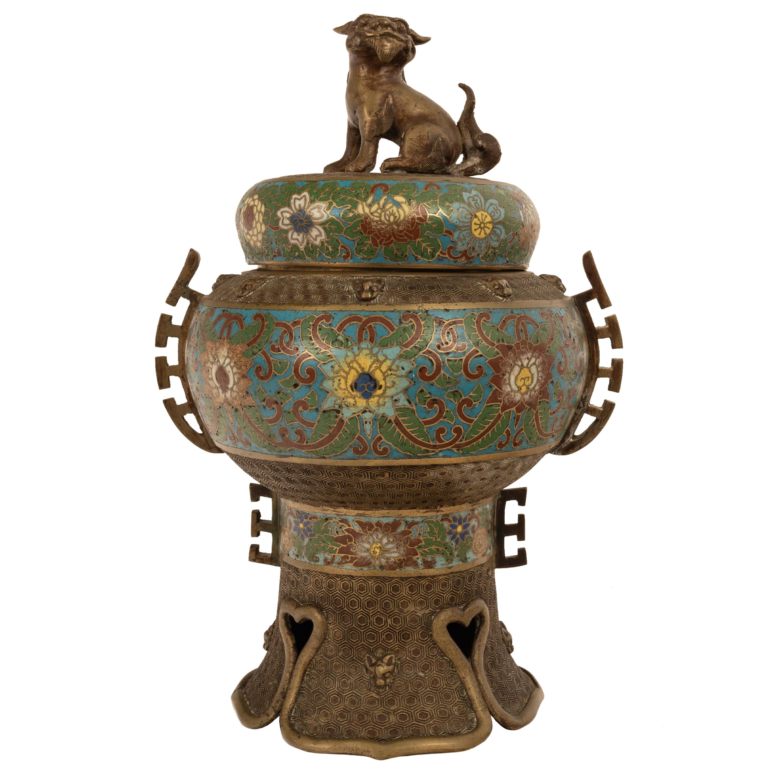 Antique Chinese Qing Dynasty Bronze Cloisonne Enamel Censer Insence Burner 1900 For Sale