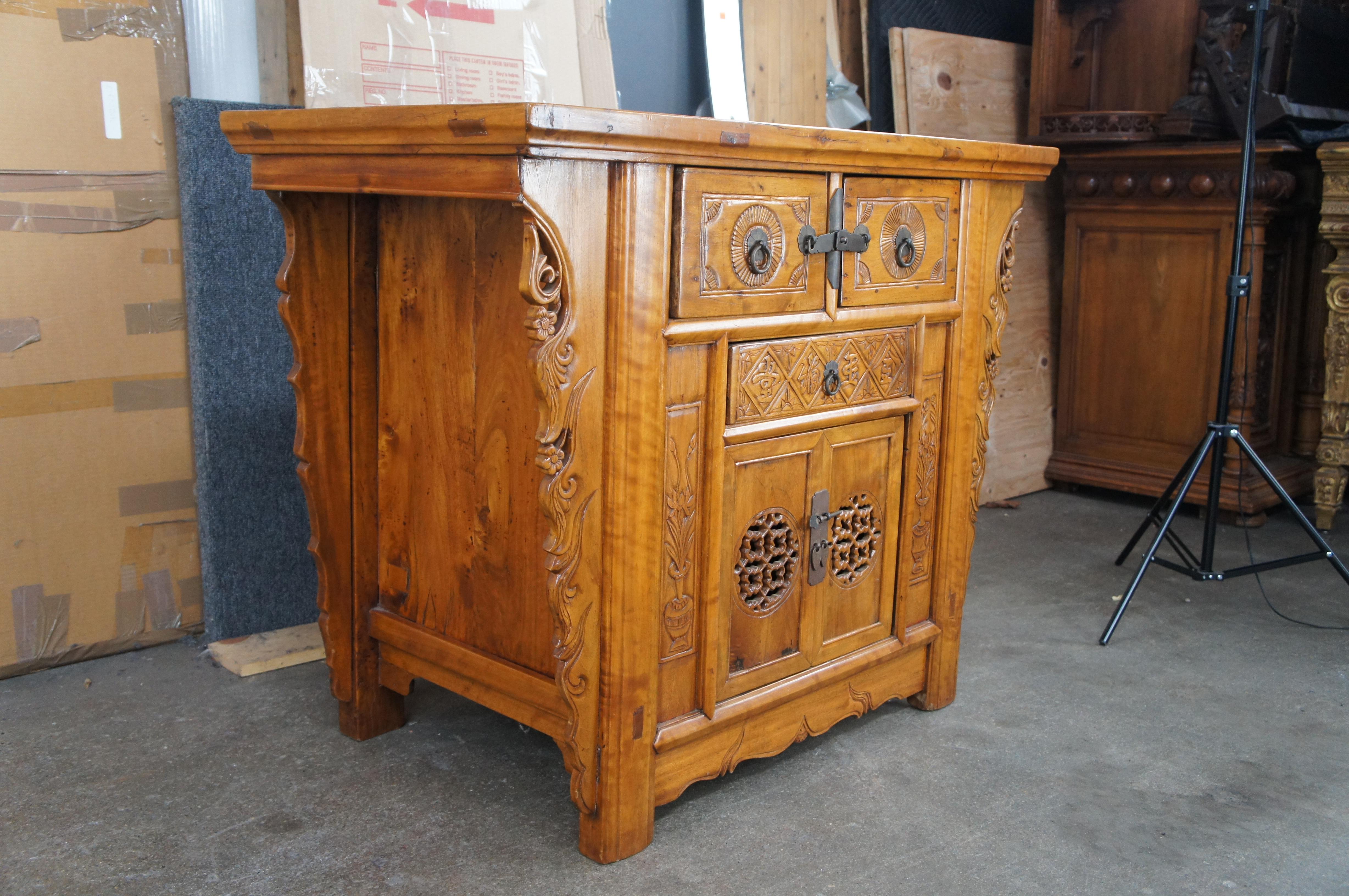 Late 19th Century Antique Chinese Qing Dynasty Carved Elm Altar Cabinet Sideboard Console Coffer For Sale
