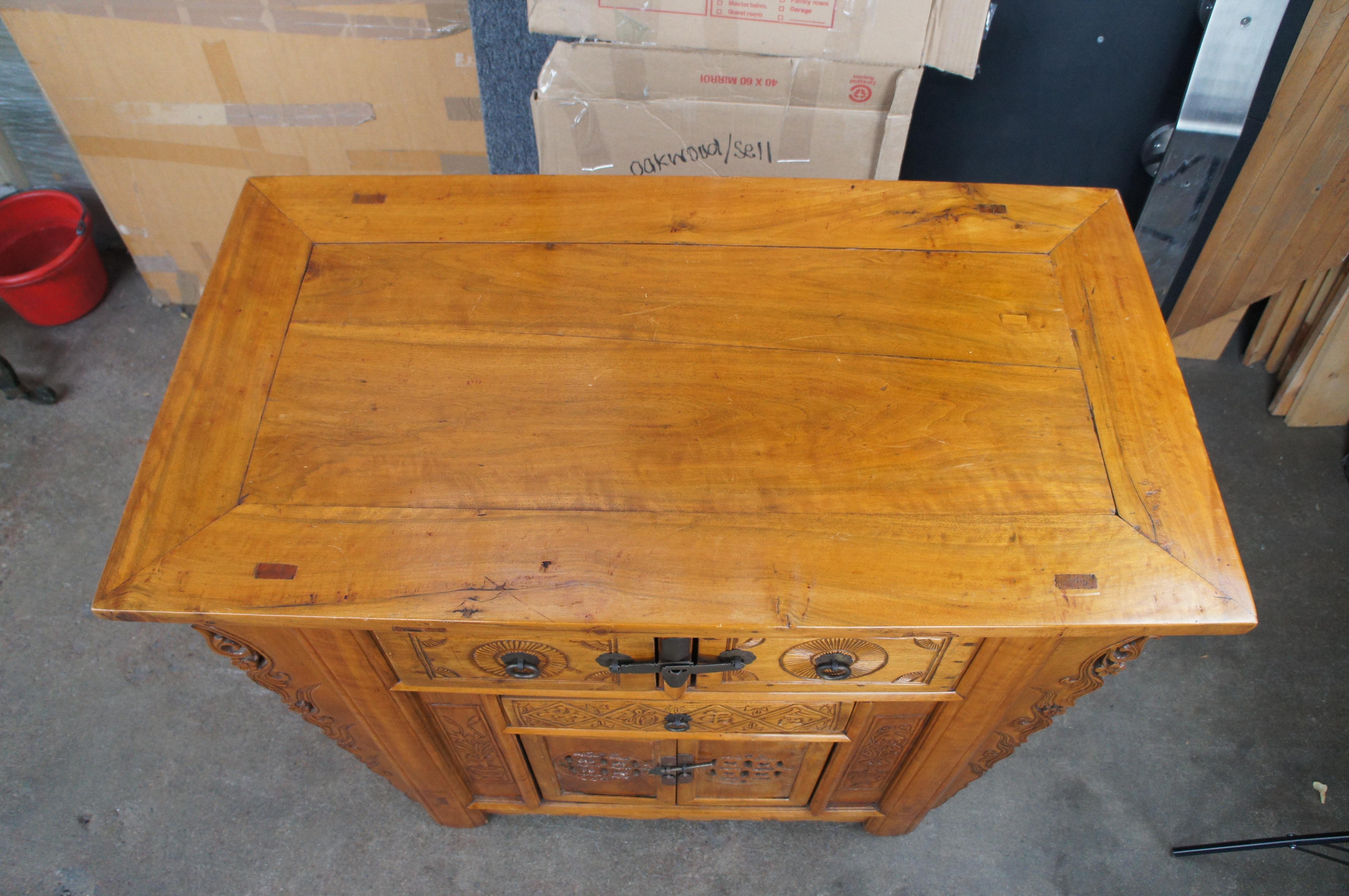 Antique Chinese Qing Dynasty Carved Elm Altar Cabinet Sideboard Console Coffer For Sale 1