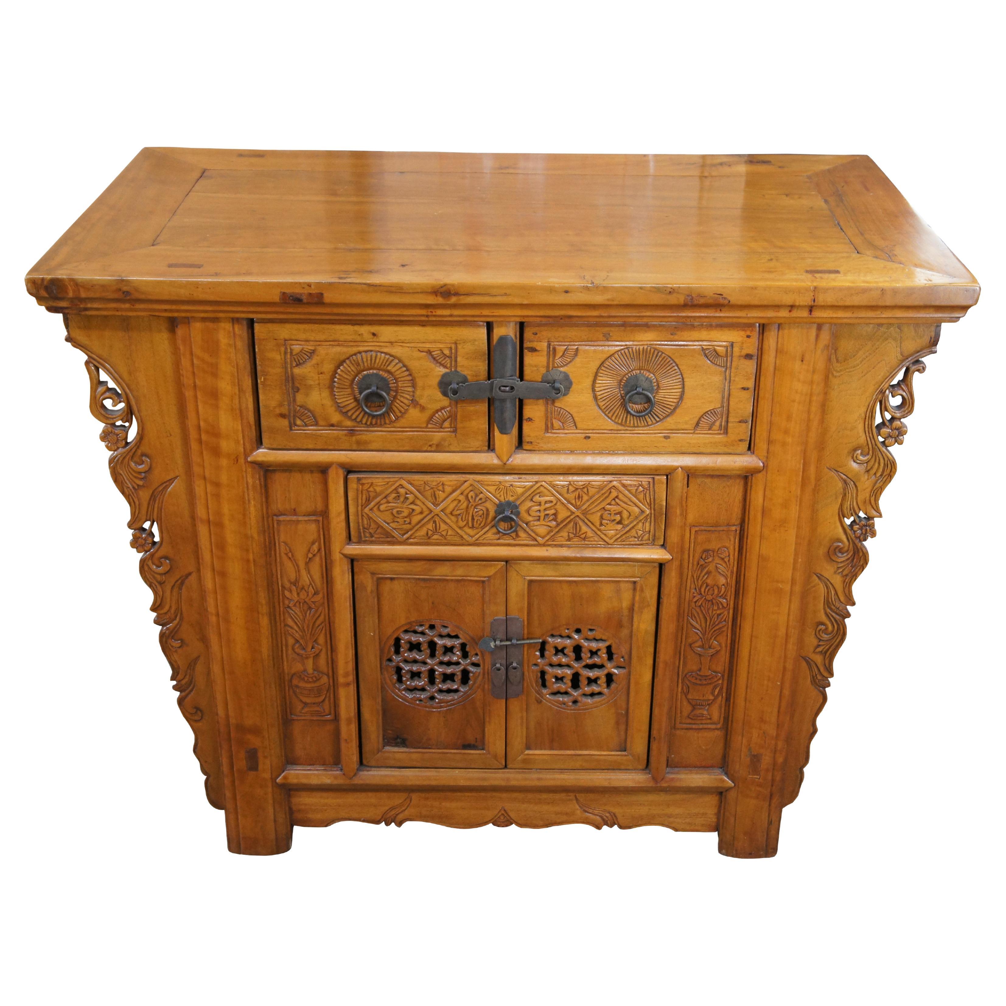 Antique Chinese Qing Dynasty Carved Elm Altar Cabinet Sideboard Console Coffer For Sale