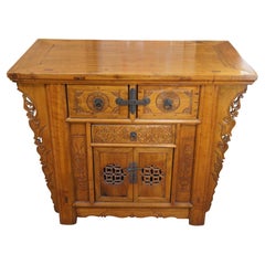 Antique Chinese Qing Dynasty Carved Elm Altar Cabinet Sideboard Console Coffer