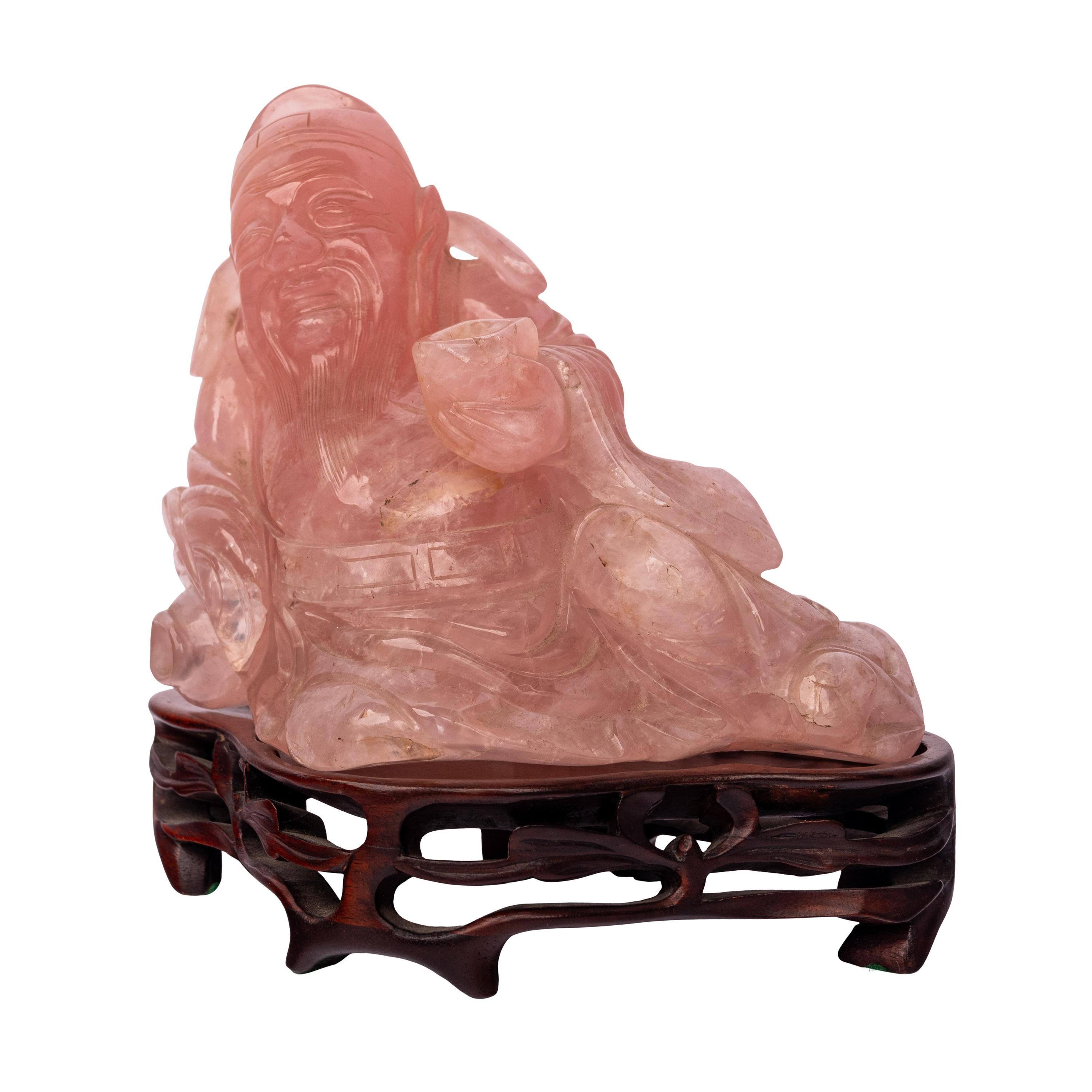 Antique Chinese Qing Dynasty Carved Rose Quartz Hotei Buddha Statue & Stand 1910 For Sale 7