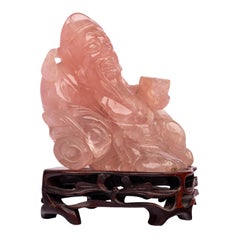 Antique Chinese Qing Dynasty Carved Rose Quartz Hotei Buddha Statue & Stand 1910
