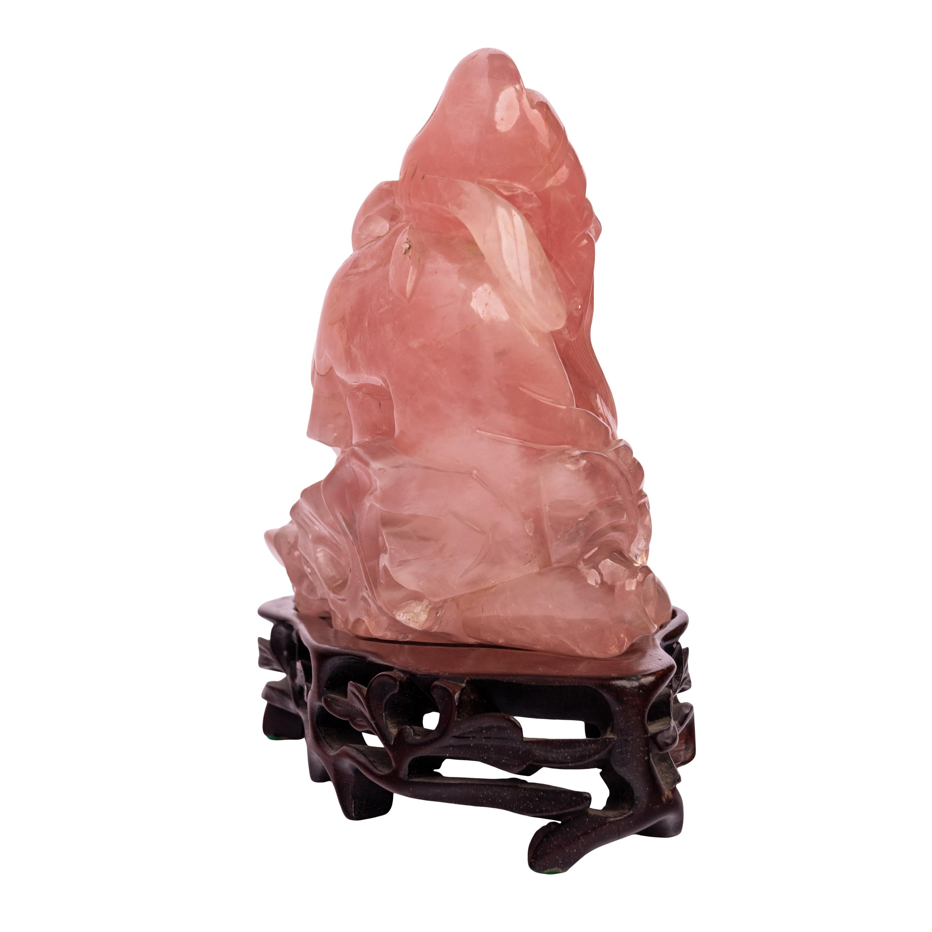 Chinese Export Antique Chinese Qing Dynasty Carved Rose Quartz Hotei Buddha Statue & Stand 1910 For Sale