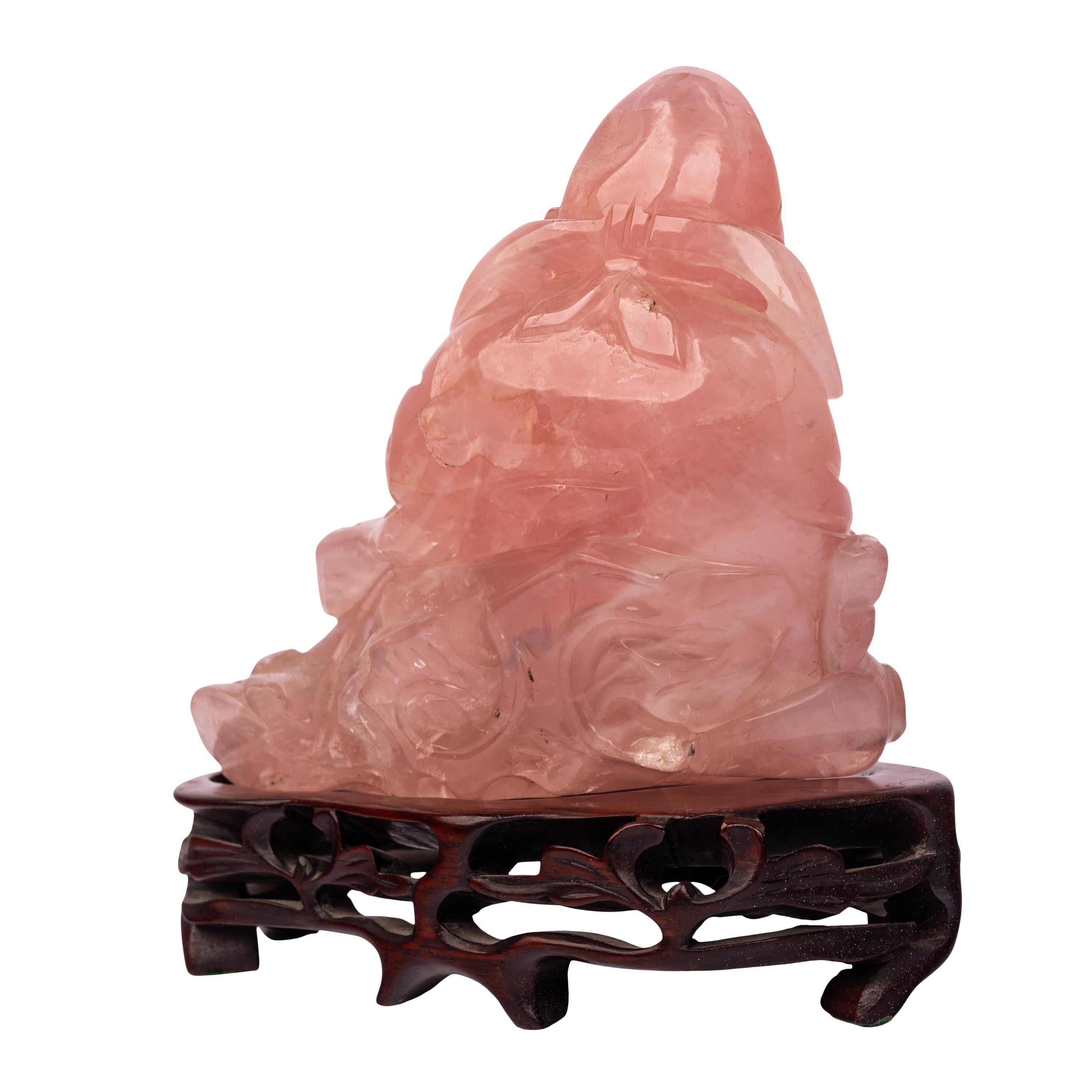 Antique Chinese Qing Dynasty Carved Rose Quartz Hotei Buddha Statue & Stand 1910 In Good Condition For Sale In Portland, OR