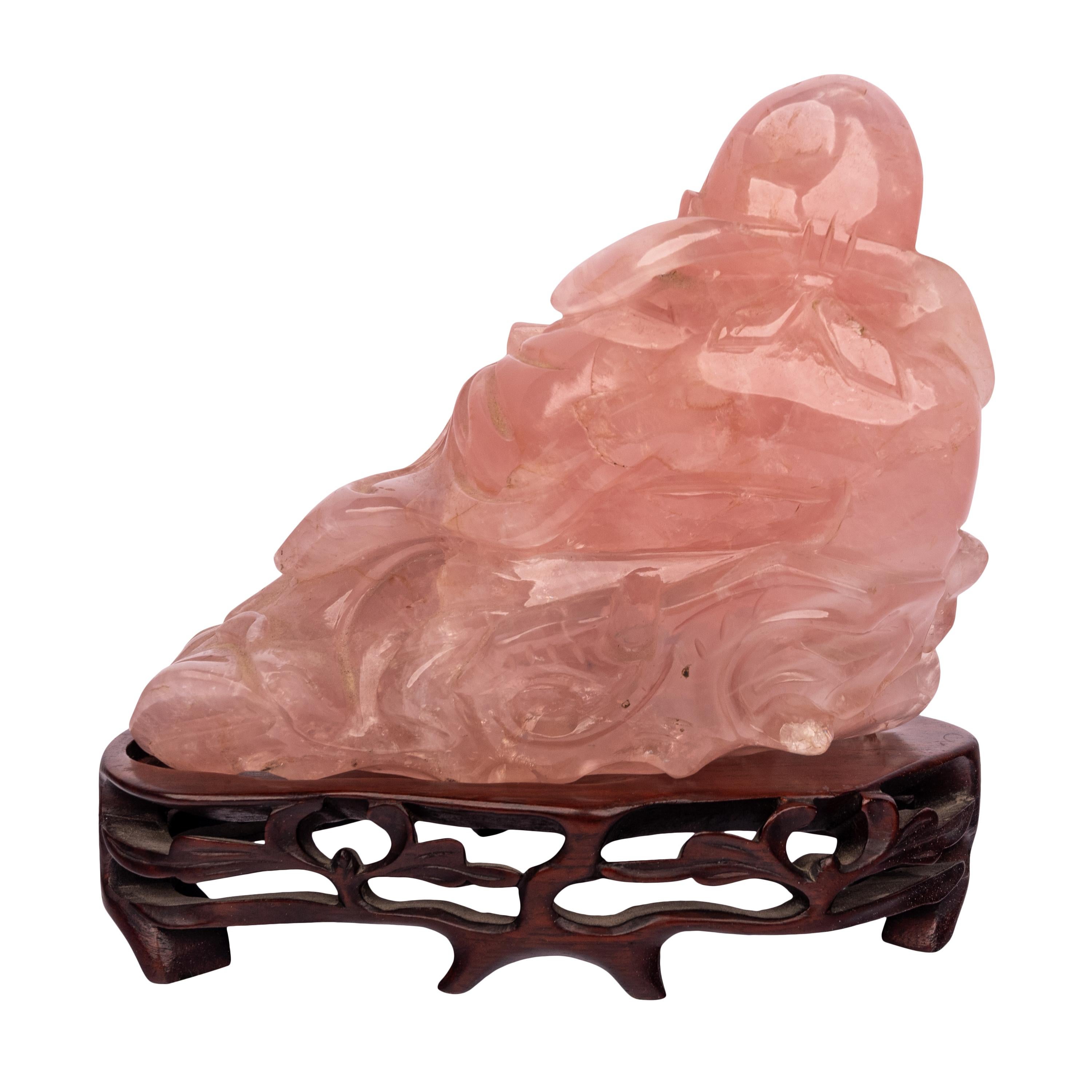 20th Century Antique Chinese Qing Dynasty Carved Rose Quartz Hotei Buddha Statue & Stand 1910 For Sale