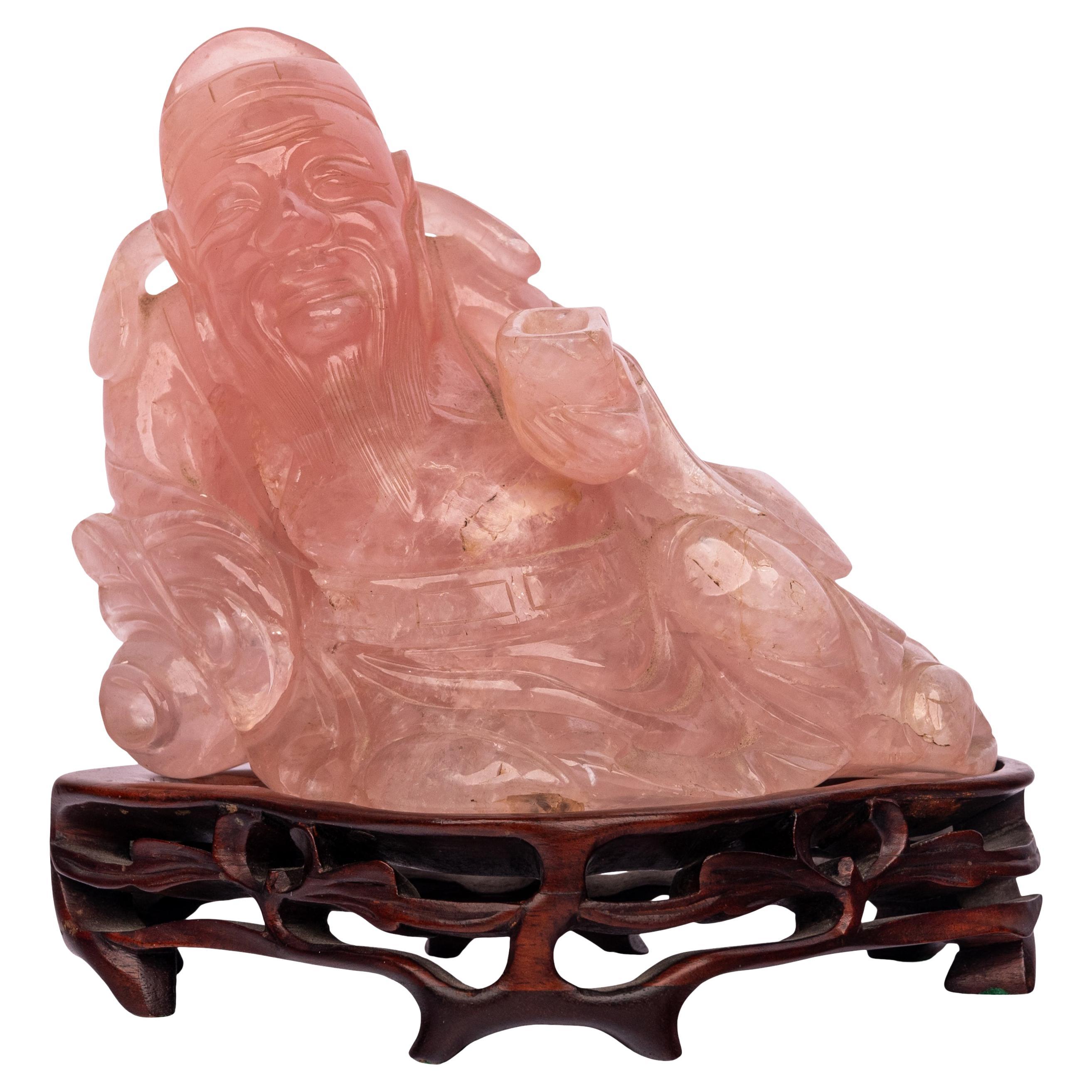 Antique Chinese Qing Dynasty Carved Rose Quartz Hotei Buddha Statue & Stand 1910
