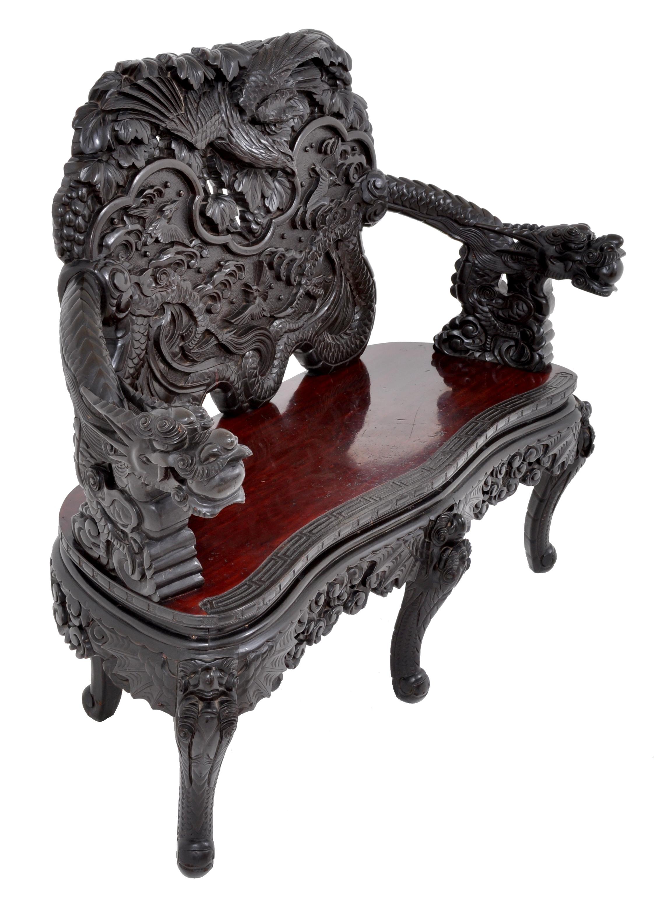 Antique Chinese Qing Dynasty Carved Rosewood Dragon Loveseat/Sofa/Bench 2