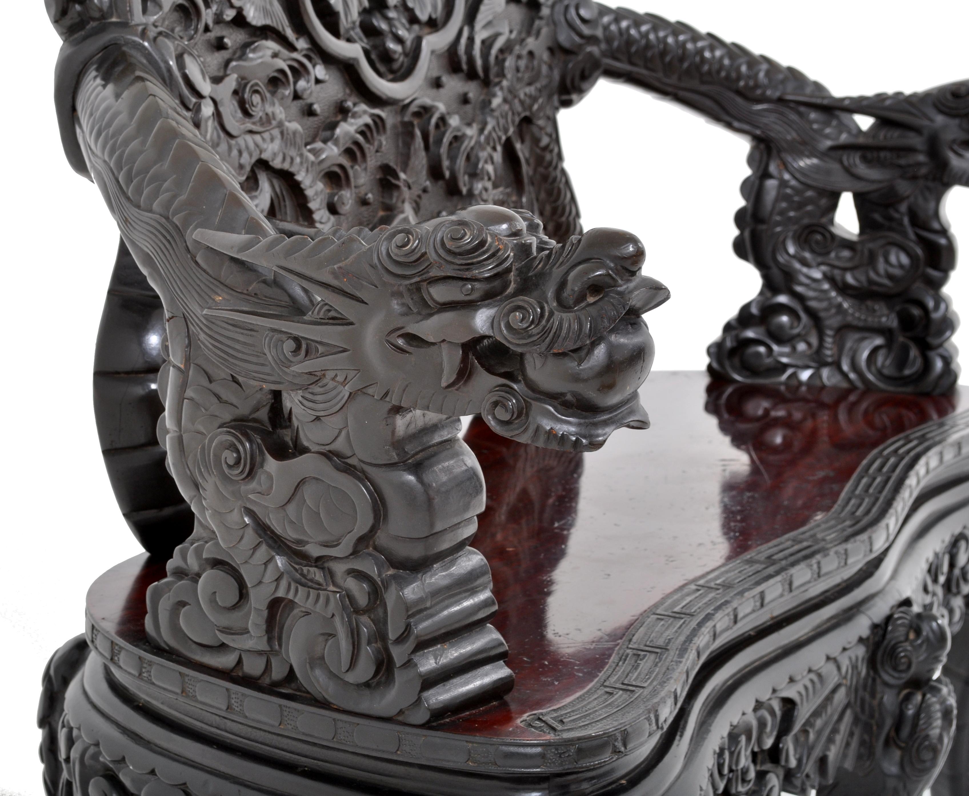 Hand-Carved Antique Chinese Qing Dynasty Carved Rosewood Dragon Loveseat/Sofa/Bench