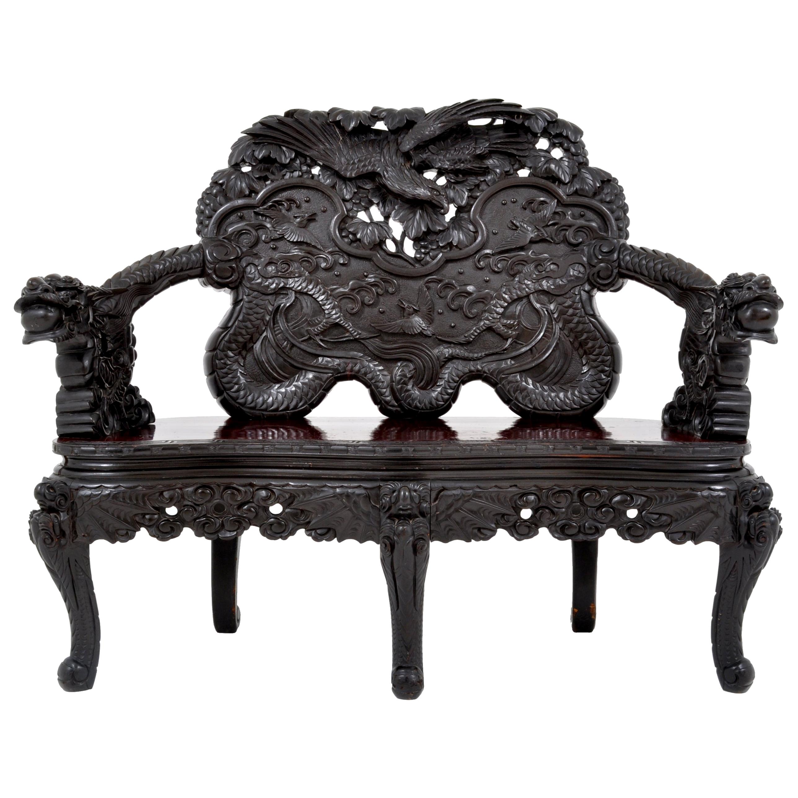 Antique Chinese Qing Dynasty Carved Rosewood Dragon Loveseat/Sofa/Bench