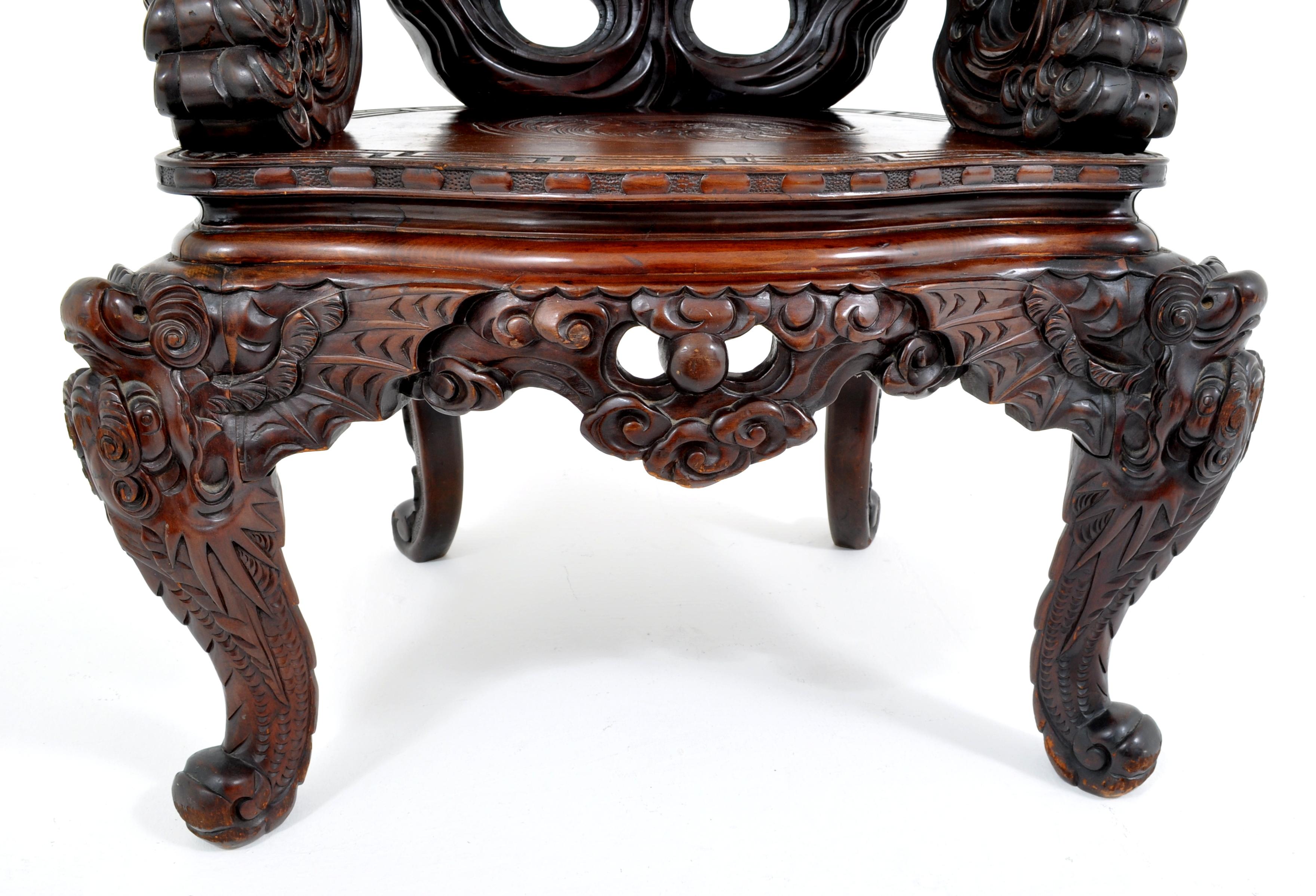 Antique Chinese Qing Dynasty Carved Rosewood Throne Chair, circa 1890 5