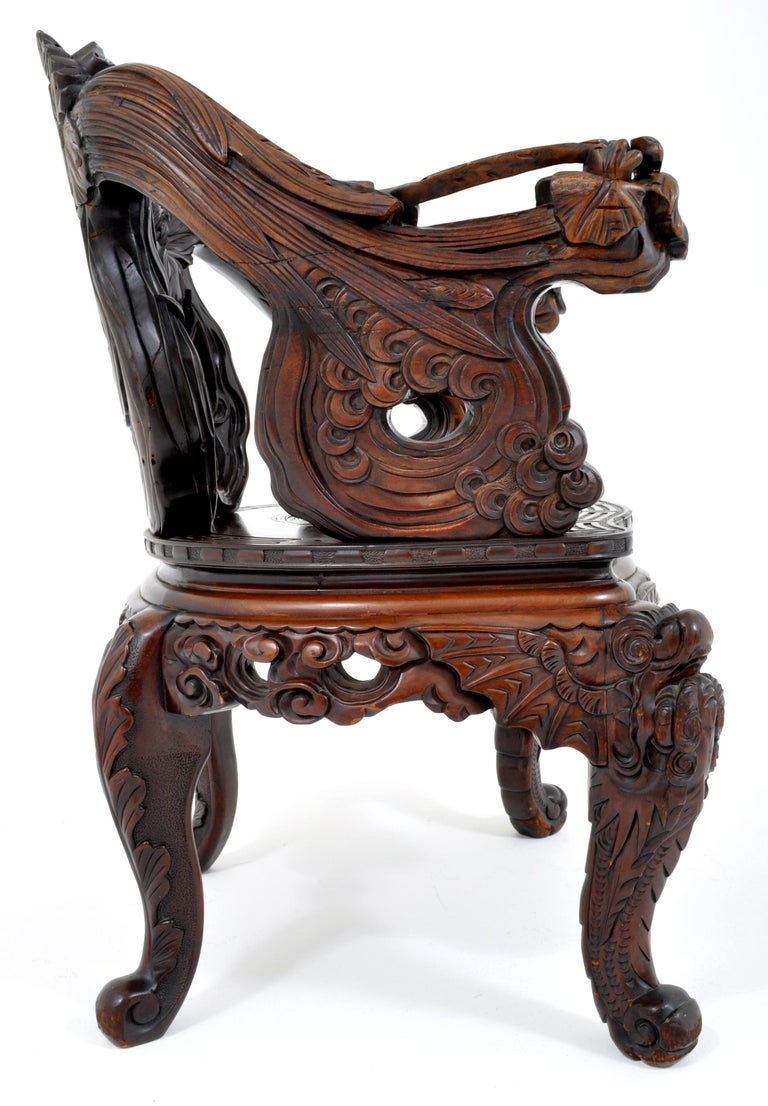 Antique Chinese Qing Dynasty Carved Rosewood Throne Chair, circa 1890 In Good Condition In Portland, OR