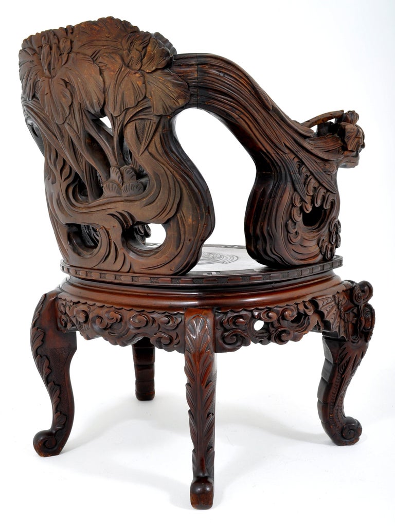 19th Century Antique Chinese Qing Dynasty Carved Rosewood Throne Chair, circa 1890