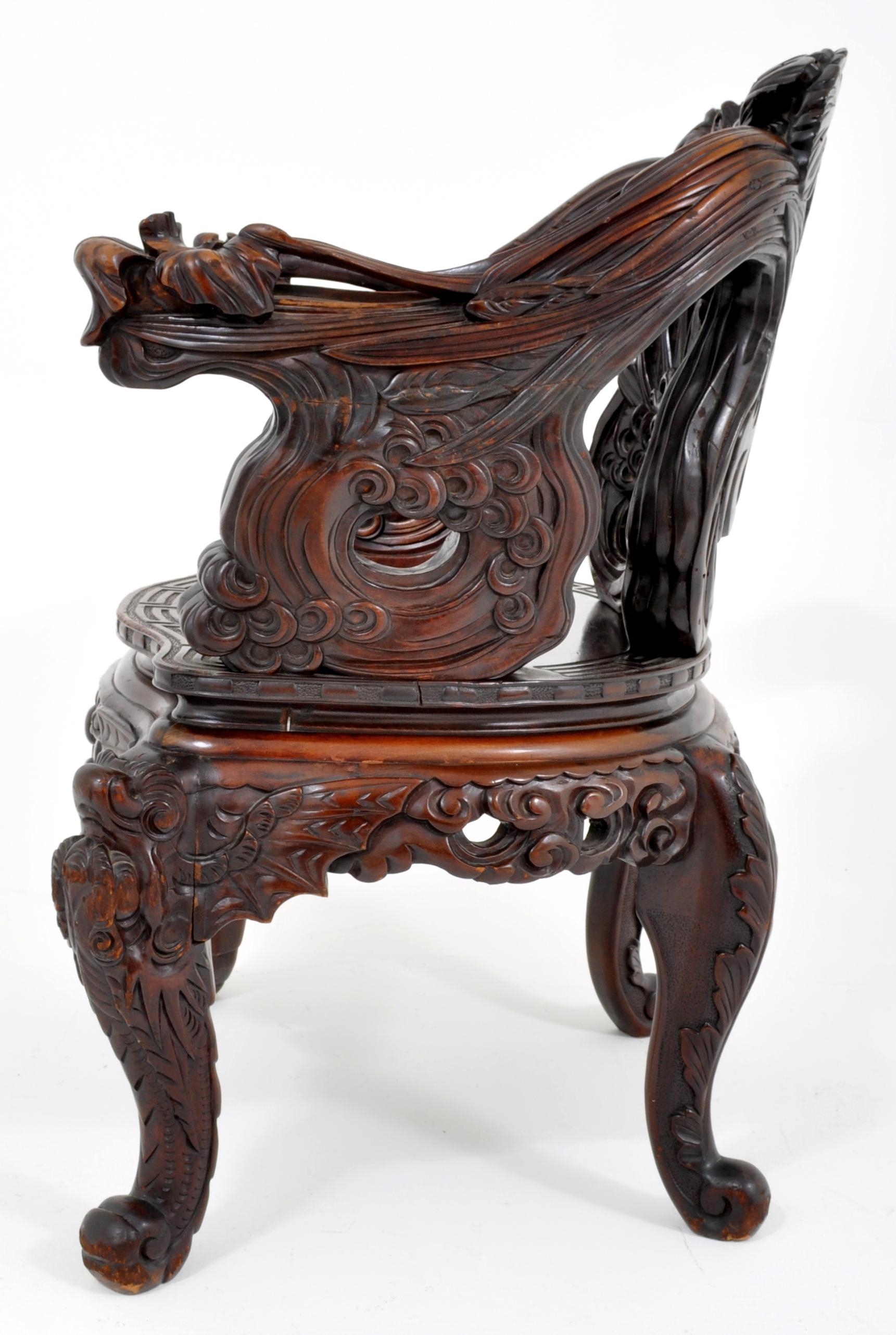 19th Century Antique Chinese Qing Dynasty Carved Rosewood Throne Chair, circa 1890