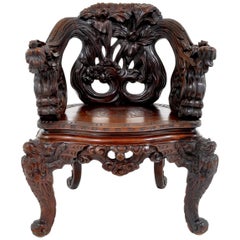 Ancienne chaise trône chinoise en bois de rose sculpté de la dynastie Qing, datant d'environ 1890