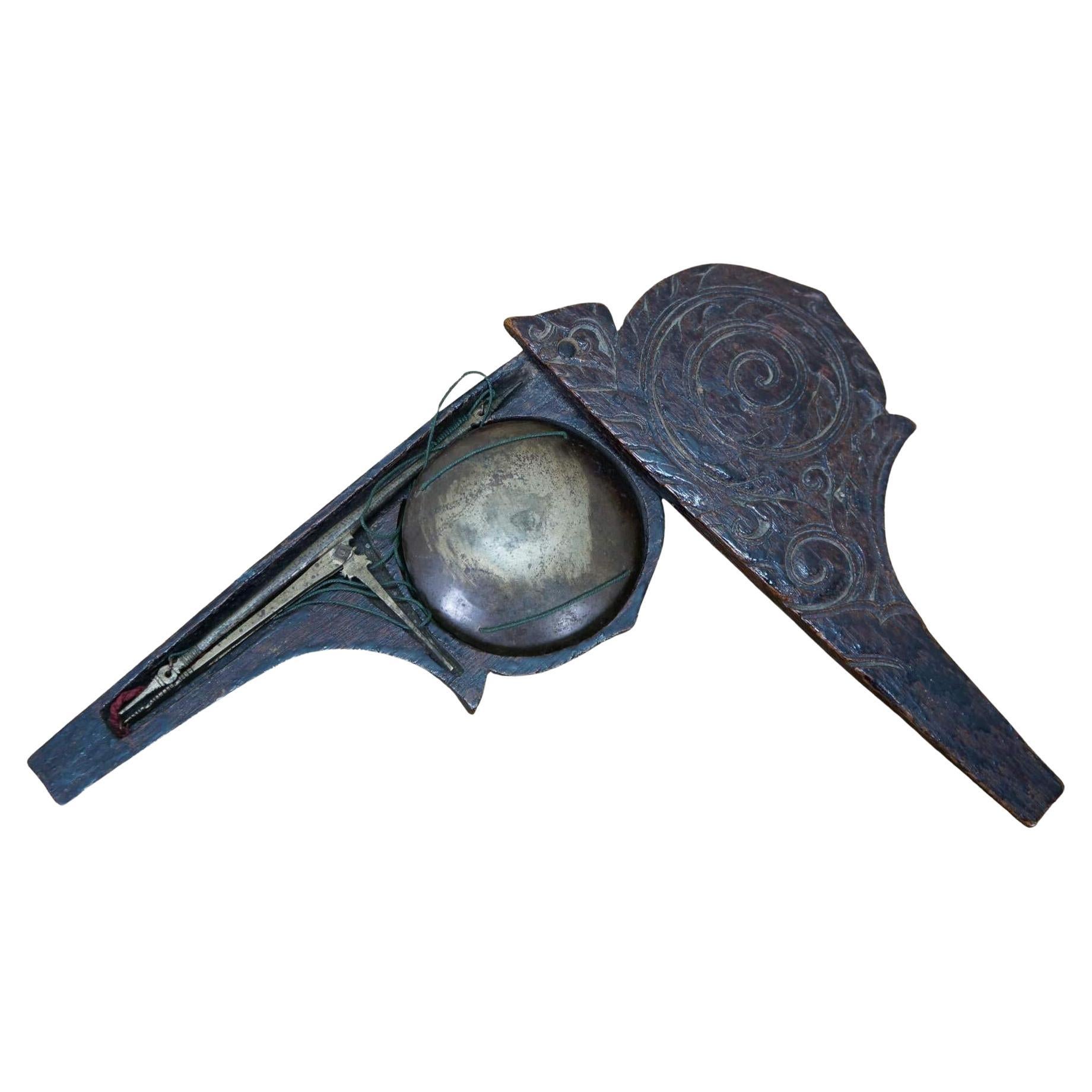 Antique Chinese portable opium scale - pair of hand held brass scales etched with leaves, with a wooden case hand carved in the shape of a snale with flowers on one side, a foliate spiral on the other, and a curled dragon on the