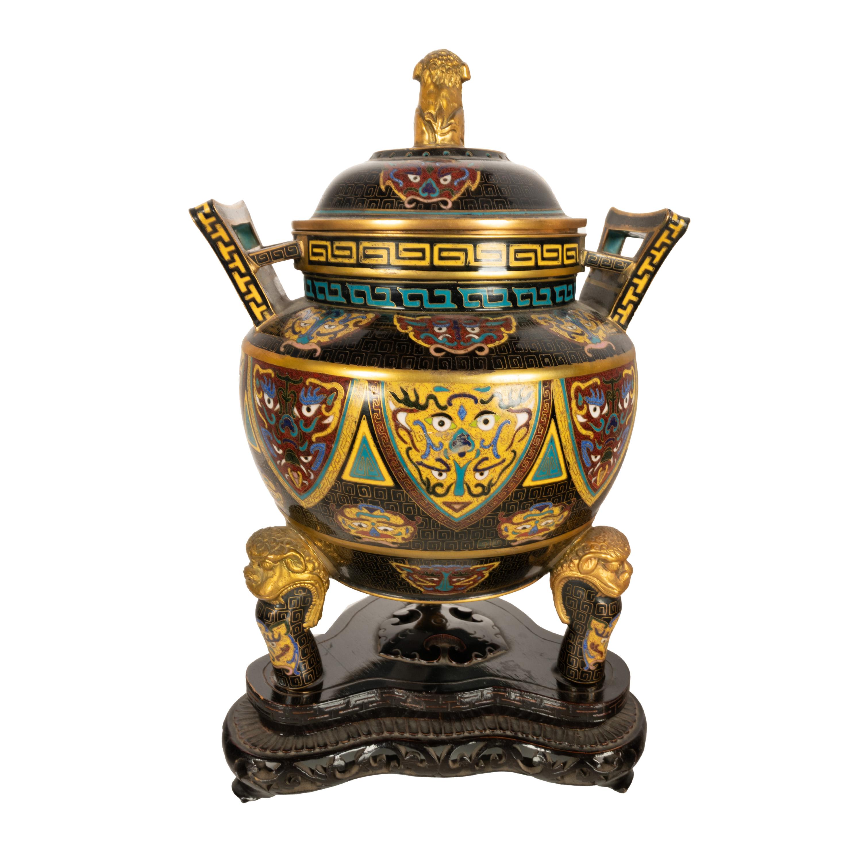 Antiguo incensario chino de cloisonné de la dinastía Qing Ding Quemador de incienso con tapa 1870 en venta 3