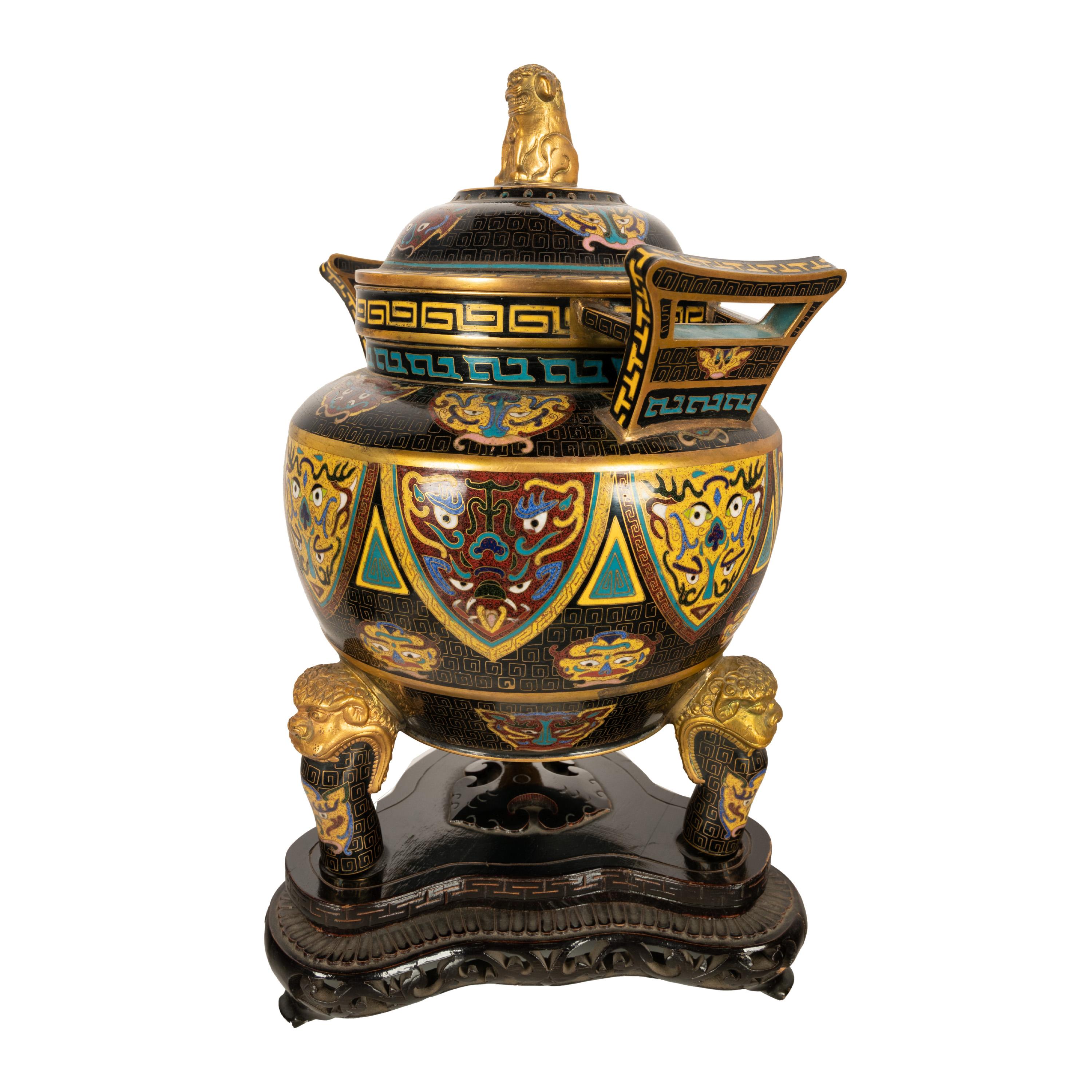 Antiguo incensario chino de cloisonné de la dinastía Qing Ding Quemador de incienso con tapa 1870 en venta 4