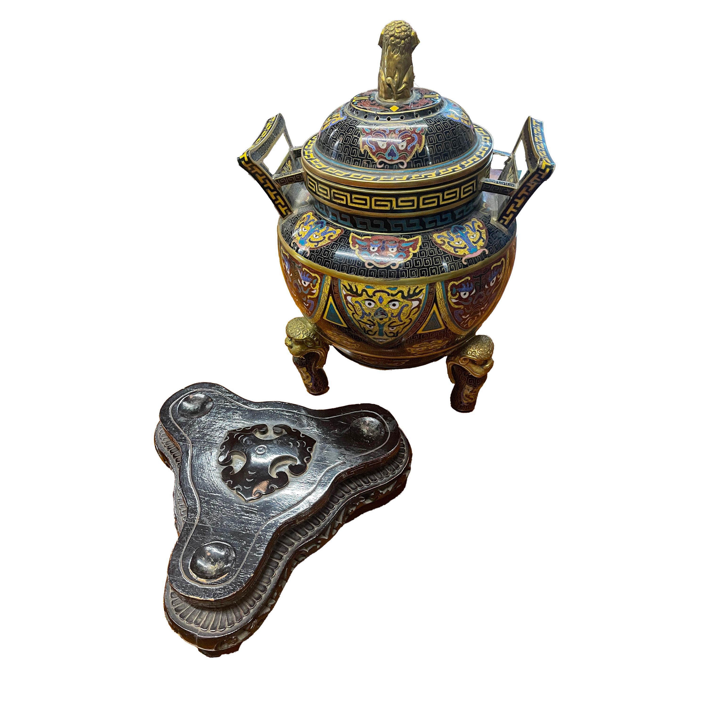 Antiguo incensario chino de cloisonné de la dinastía Qing Ding Quemador de incienso con tapa 1870 en venta 6